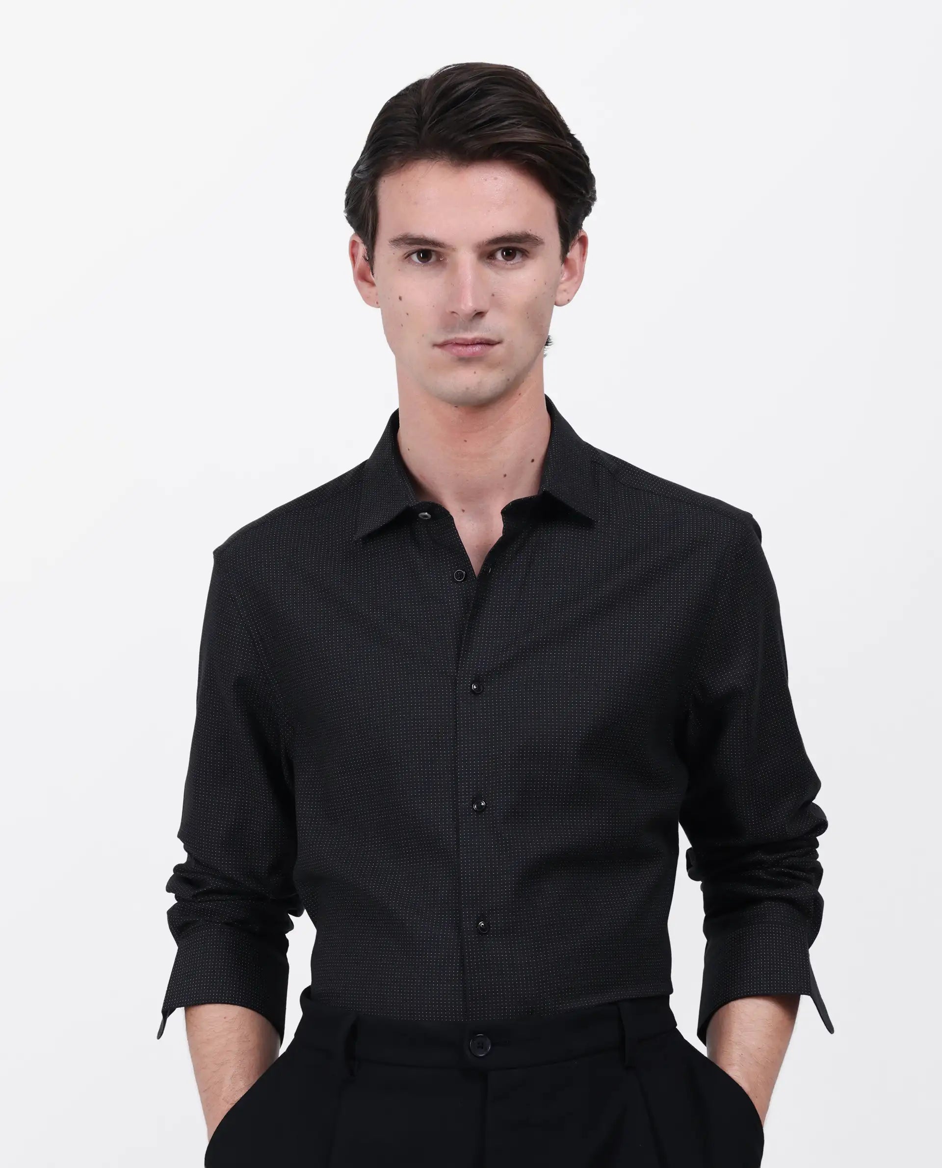 Rare Rabbit Men's Gilk Black Viscose Blend Polka Print Regular Fit Full Sleeve Collared Shirt