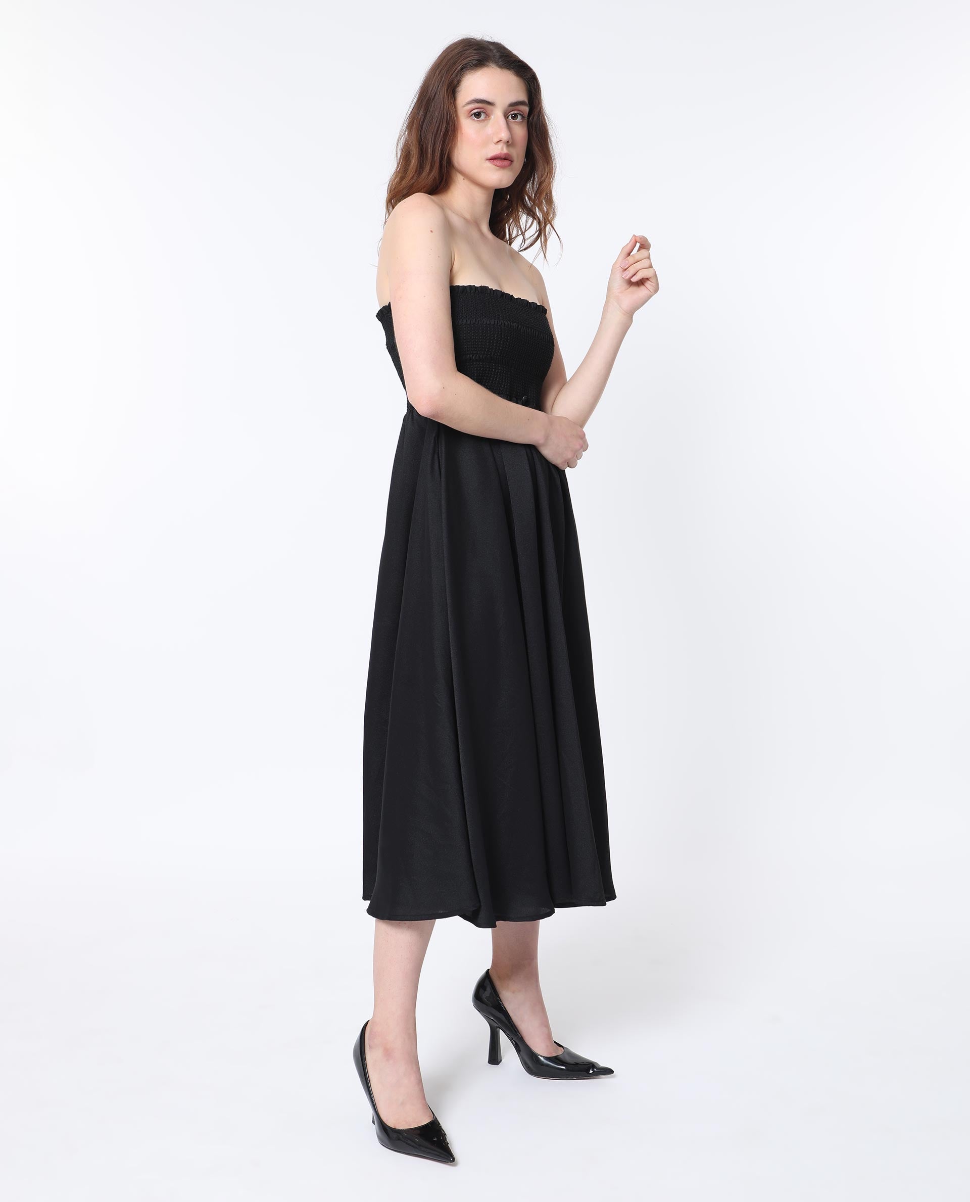 Rareism Women Gimpel Black Viscose Nylon Fabric Sleeveless Shoulder Straps Fit And Flare Plain Maxi Empire Dress