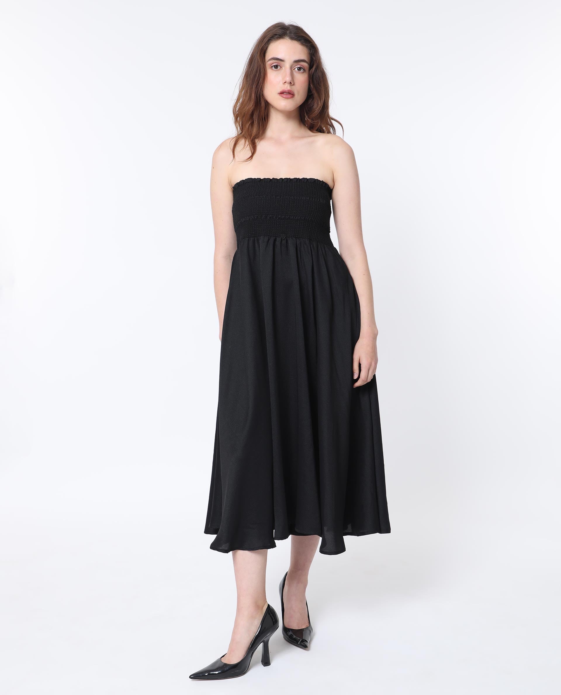 Rareism Women Gimpel Black Viscose Nylon Fabric Sleeveless Shoulder Straps Fit And Flare Plain Maxi Empire Dress