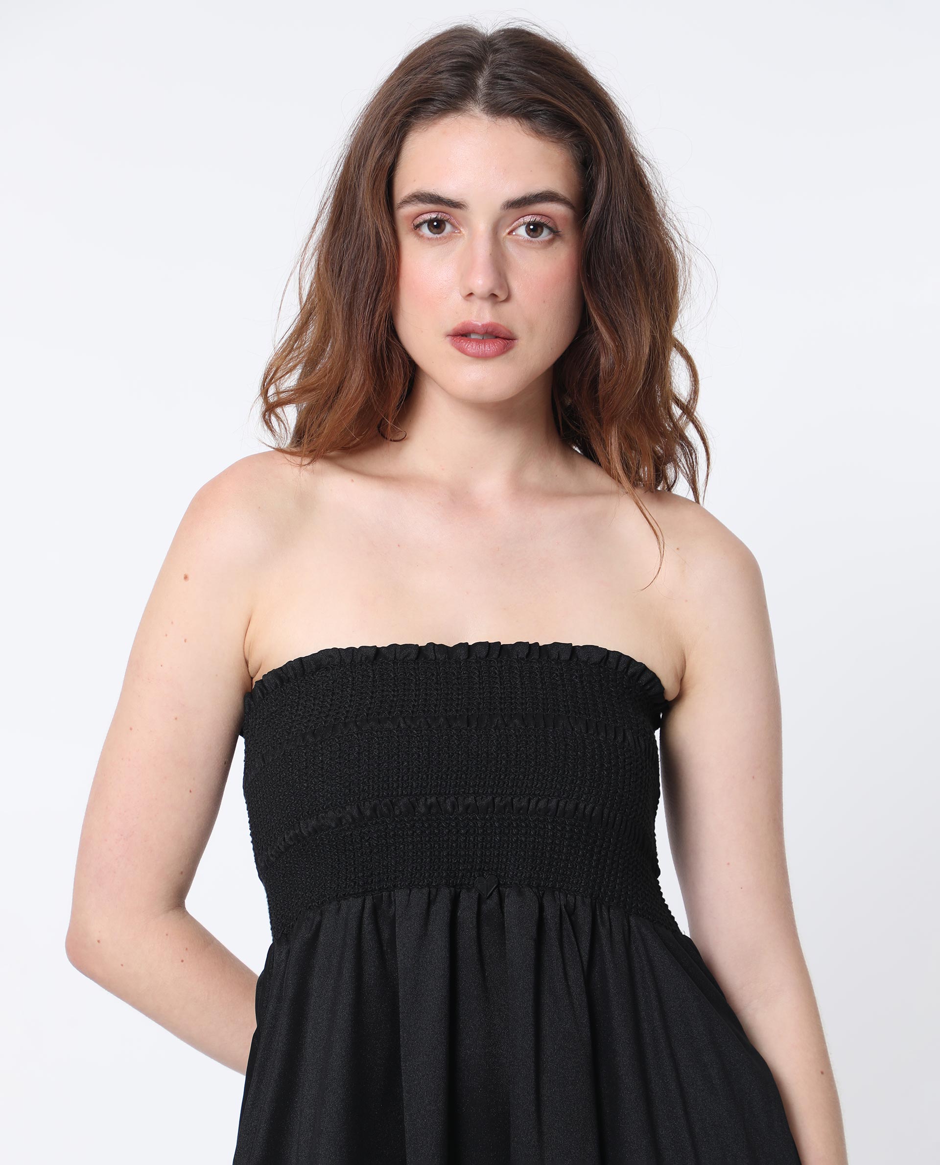 Rareism Women Gimpel Black Viscose Nylon Fabric Sleeveless Shoulder Straps Fit And Flare Plain Maxi Empire Dress