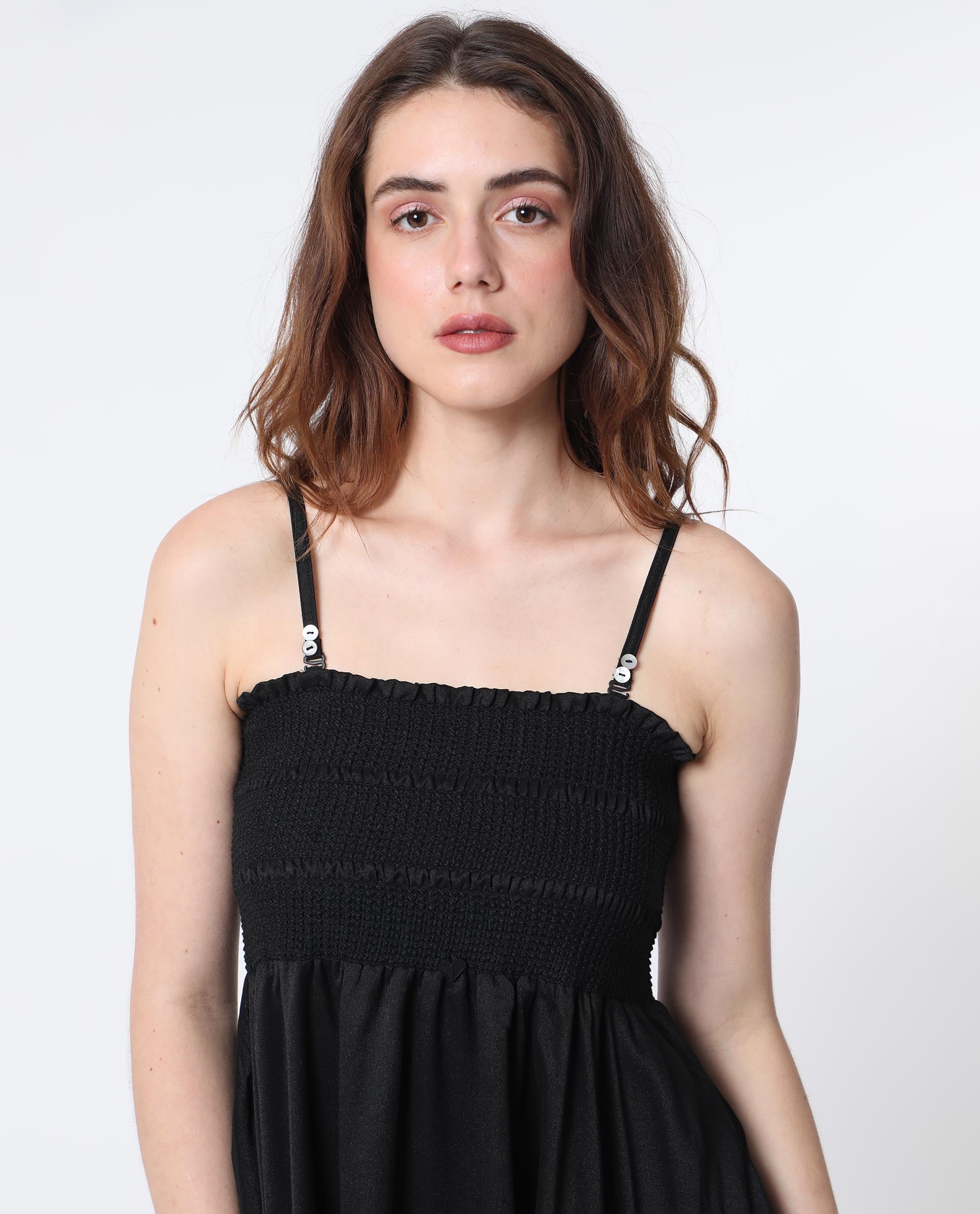 Rareism Women Gimpel Black Viscose Nylon Fabric Sleeveless Shoulder Straps Fit And Flare Plain Maxi Empire Dress