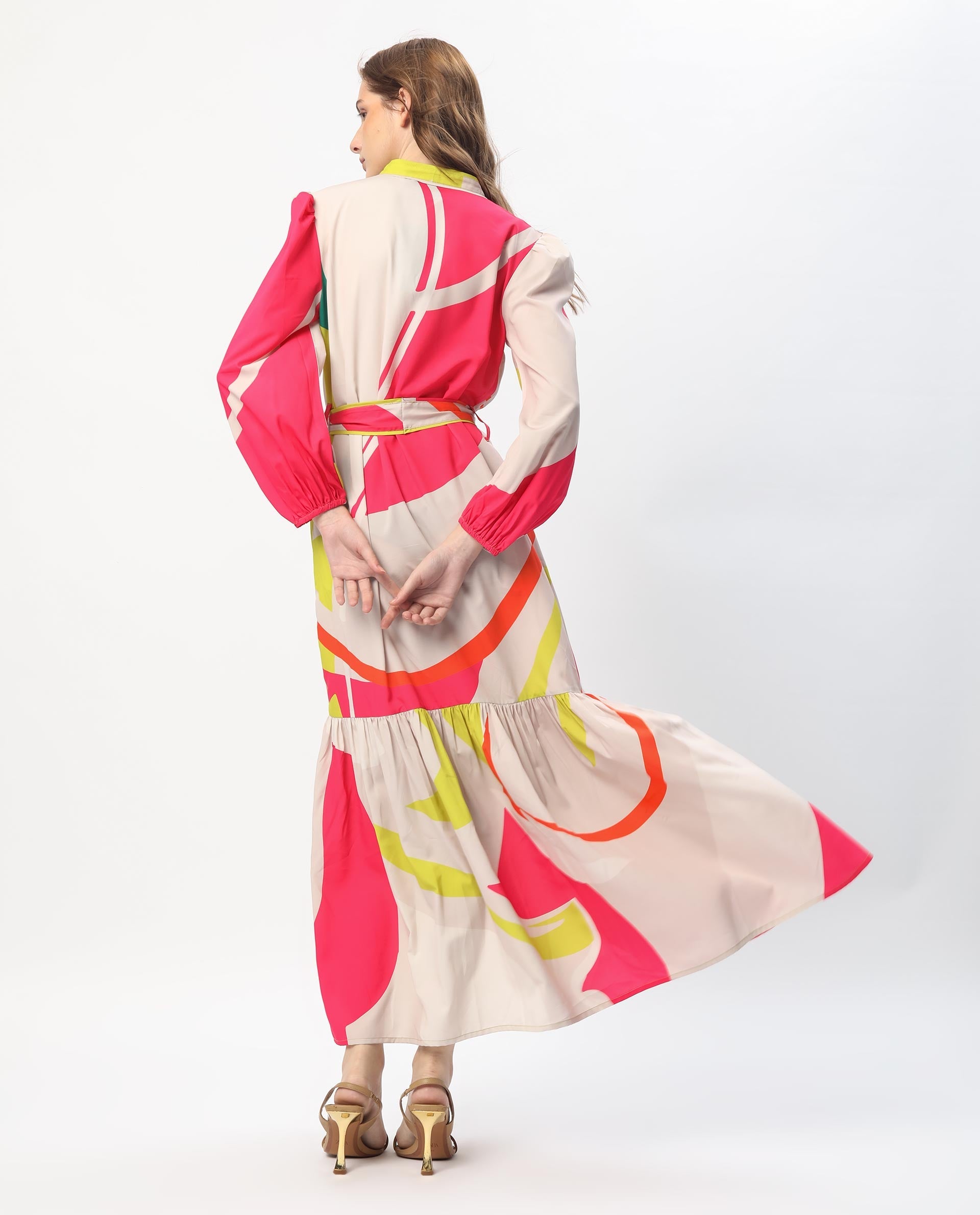 Rareism Women Gini Light Beige Polyester Fabric Full Sleeves Button Closure V-Neck Balloon Sleeve Regular Fit Abstract Print Maxi Tiered Dress