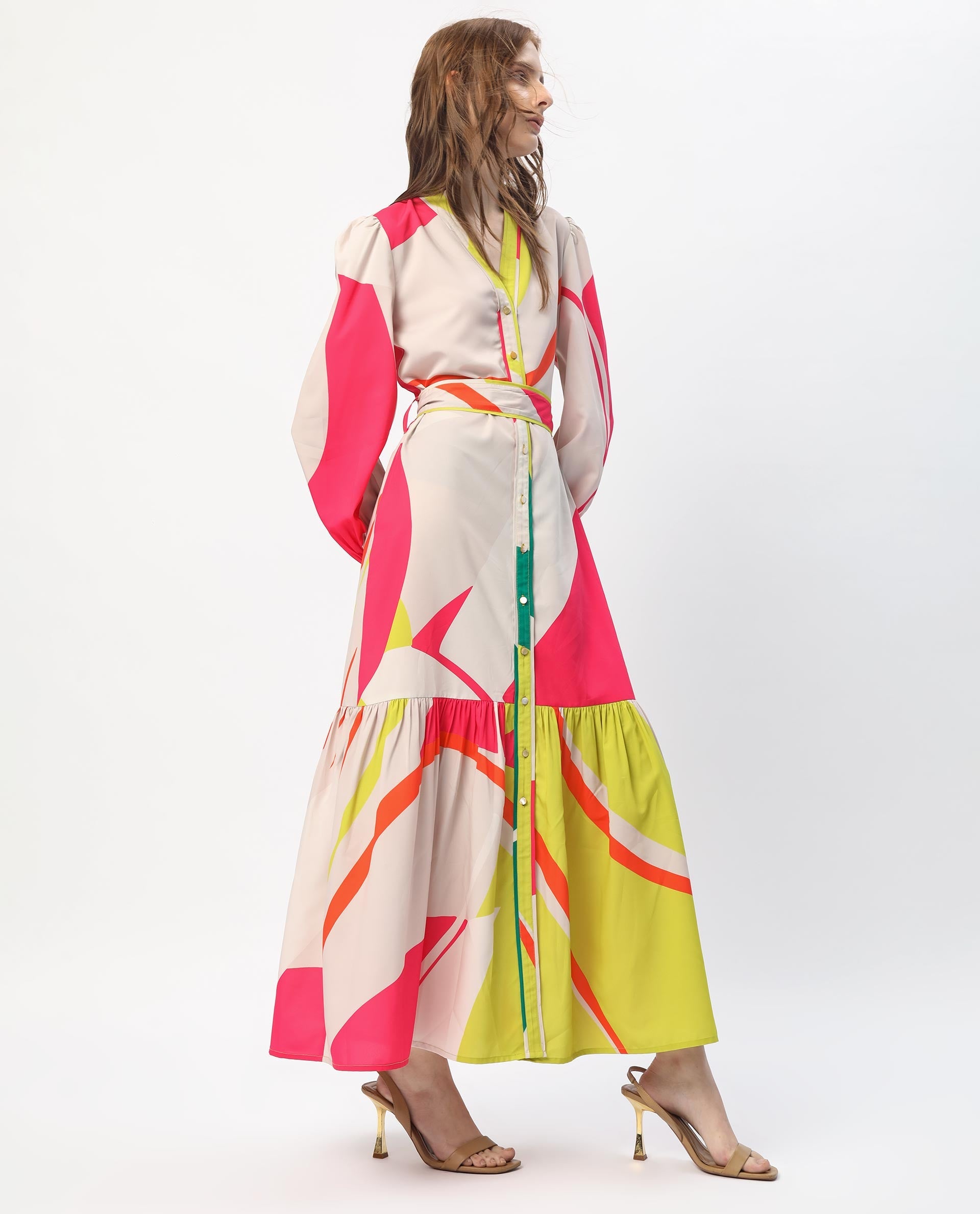 Rareism Women Gini Light Beige Polyester Fabric Full Sleeves Button Closure V-Neck Balloon Sleeve Regular Fit Abstract Print Maxi Tiered Dress