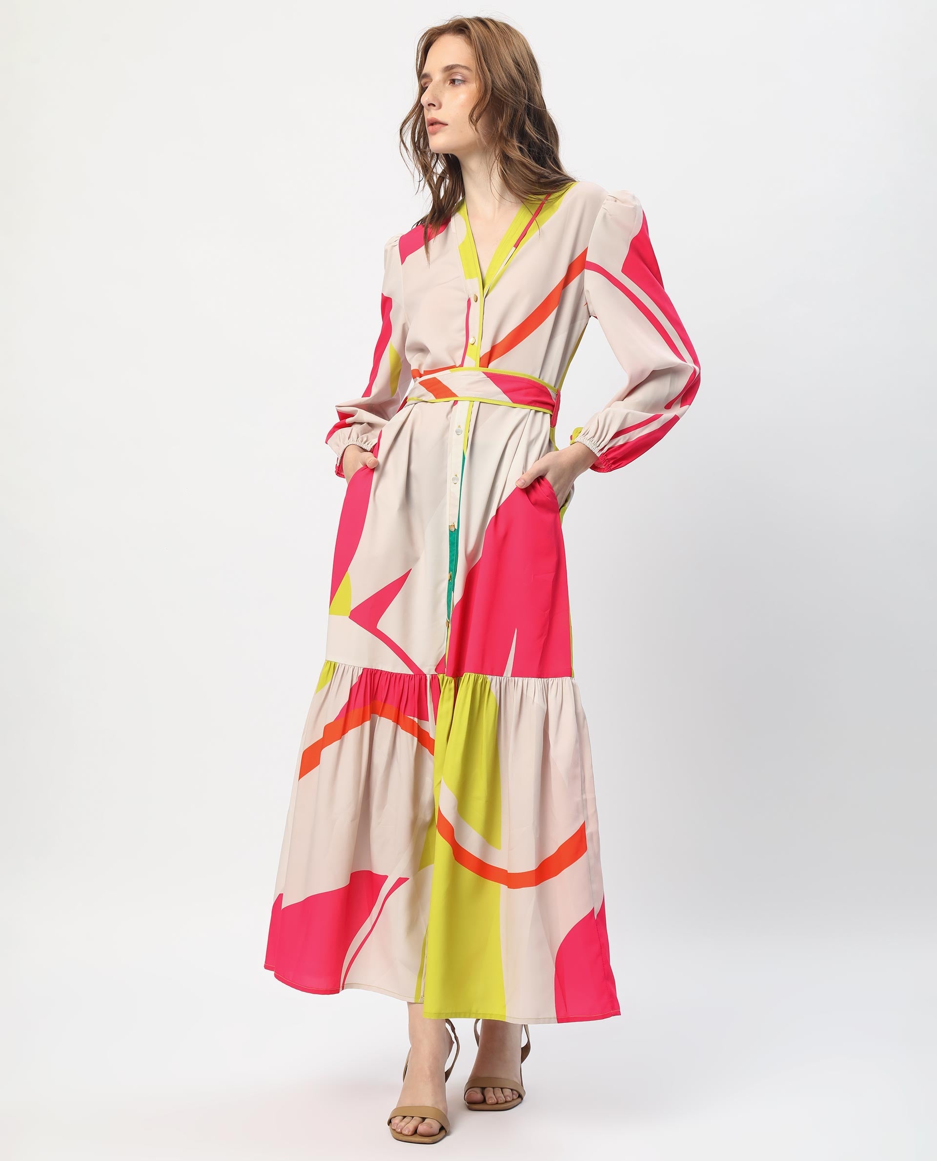 Rareism Women Gini Light Beige Polyester Fabric Full Sleeves Button Closure V-Neck Balloon Sleeve Regular Fit Abstract Print Maxi Tiered Dress