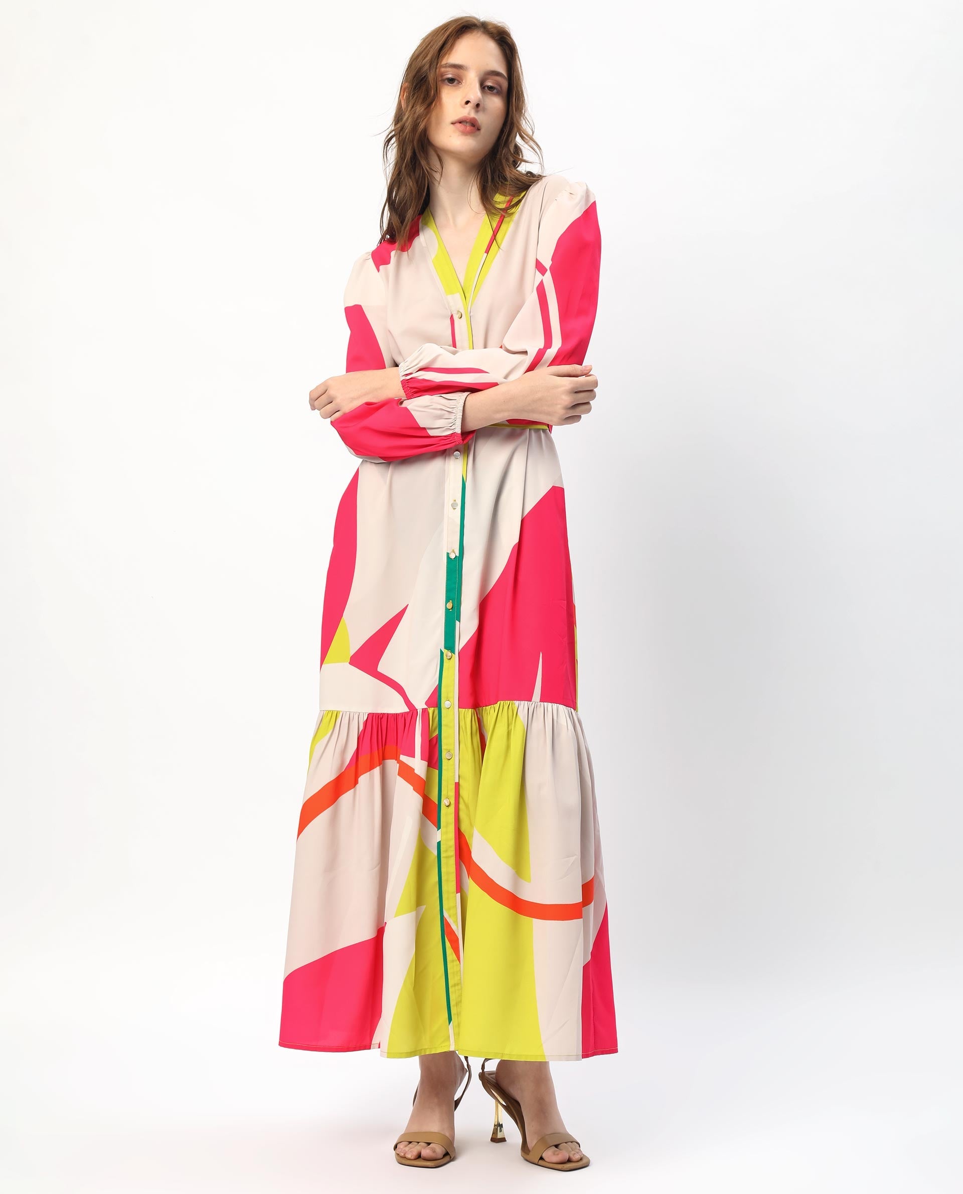 Rareism Women Gini Light Beige Polyester Fabric Full Sleeves Button Closure V-Neck Balloon Sleeve Regular Fit Abstract Print Maxi Tiered Dress