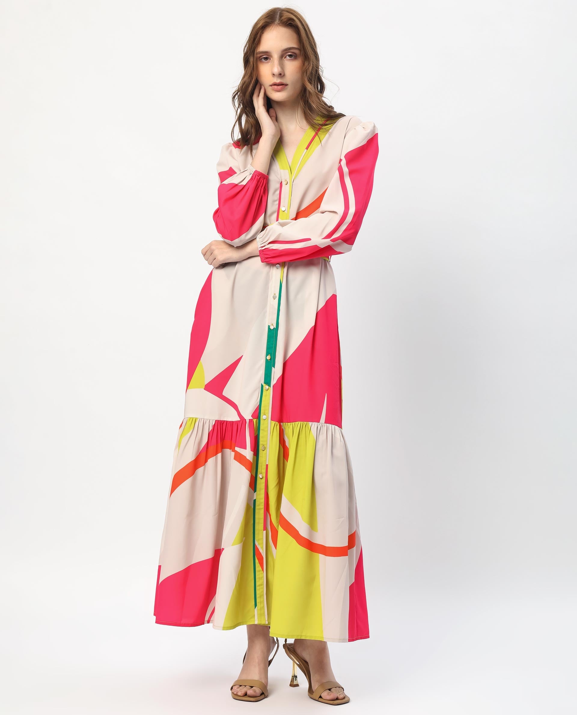 Rareism Women Gini Light Beige Polyester Fabric Full Sleeves Button Closure V-Neck Balloon Sleeve Regular Fit Abstract Print Maxi Tiered Dress