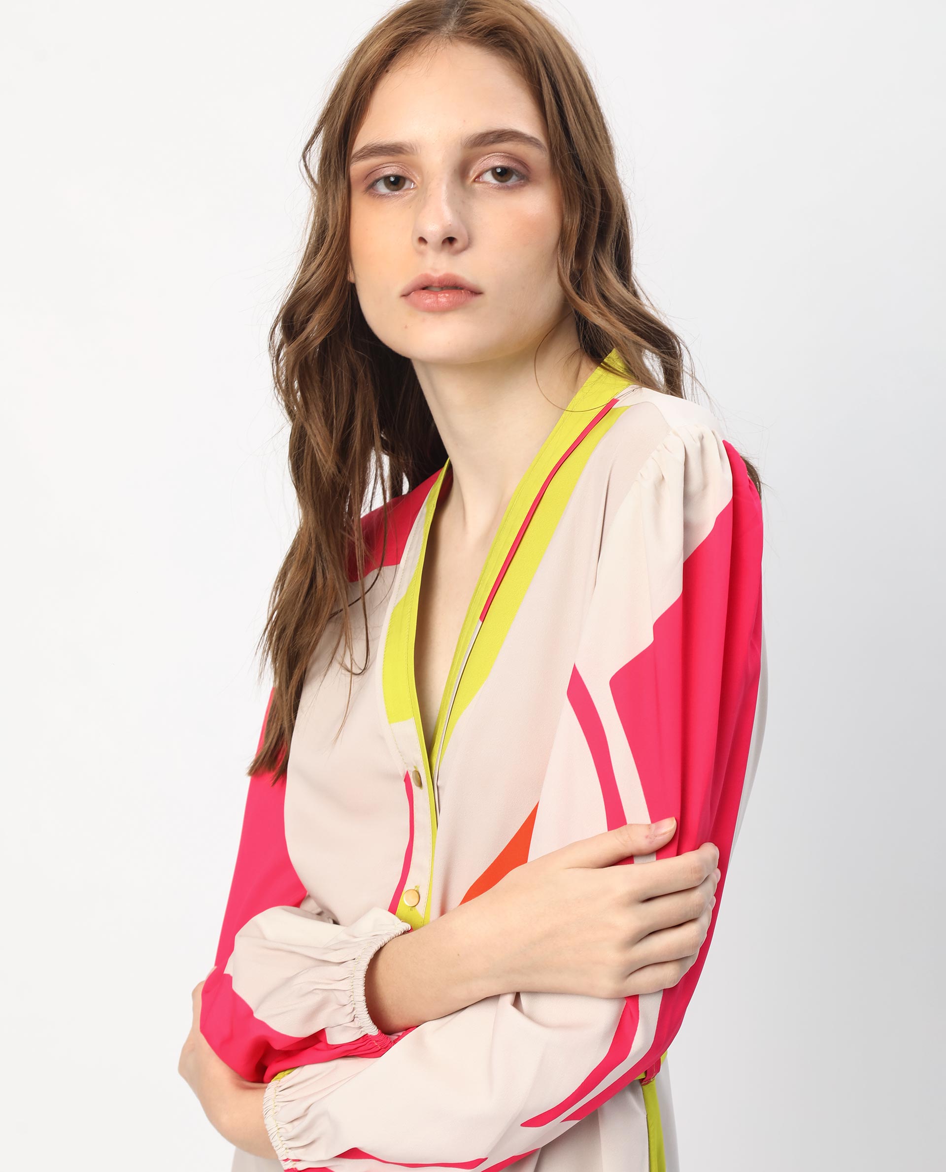 Rareism Women Gini Light Beige Polyester Fabric Full Sleeves Button Closure V-Neck Balloon Sleeve Regular Fit Abstract Print Maxi Tiered Dress