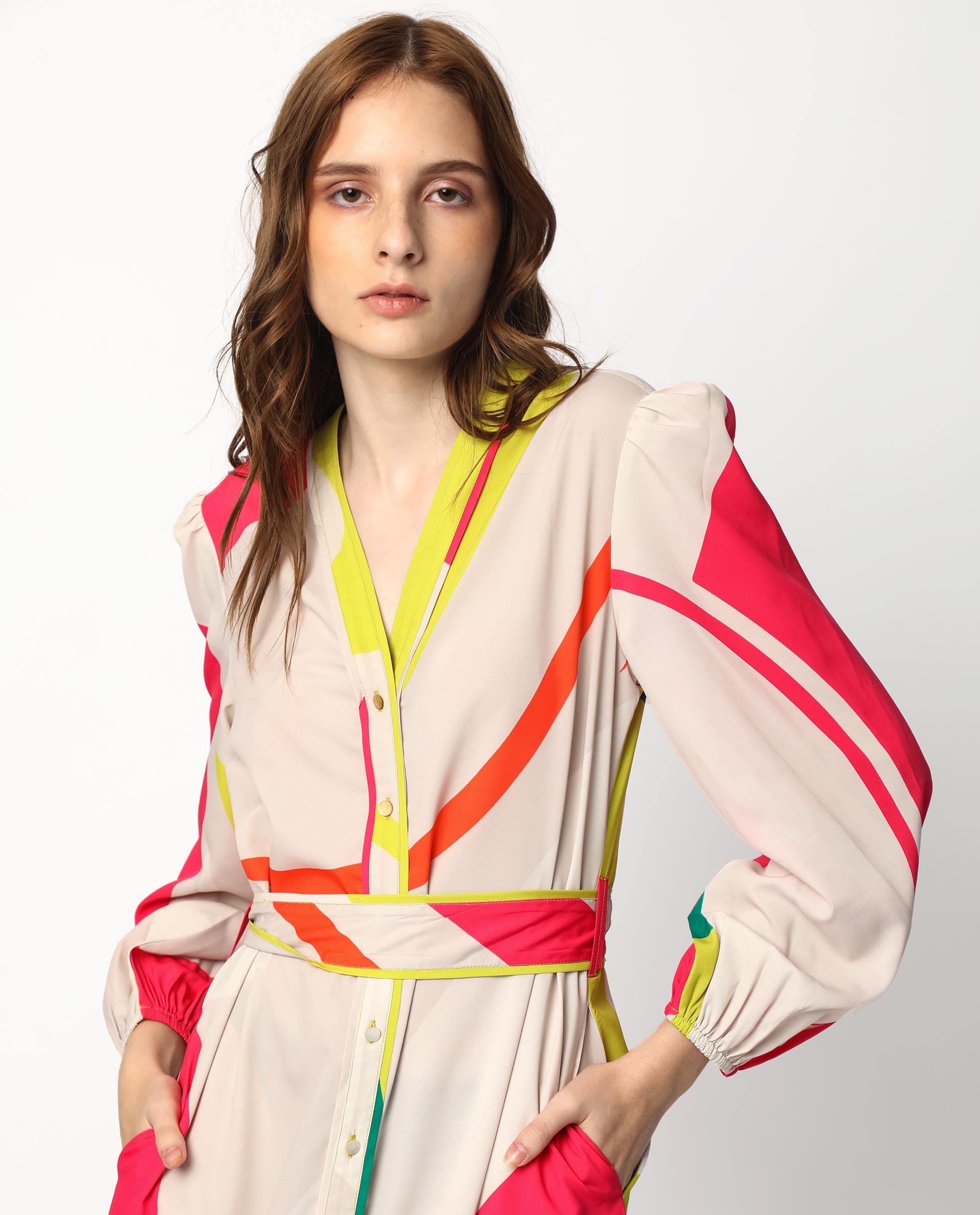 Rareism Women Gini Light Beige Polyester Fabric Full Sleeves Button Closure V-Neck Balloon Sleeve Regular Fit Abstract Print Maxi Tiered Dress