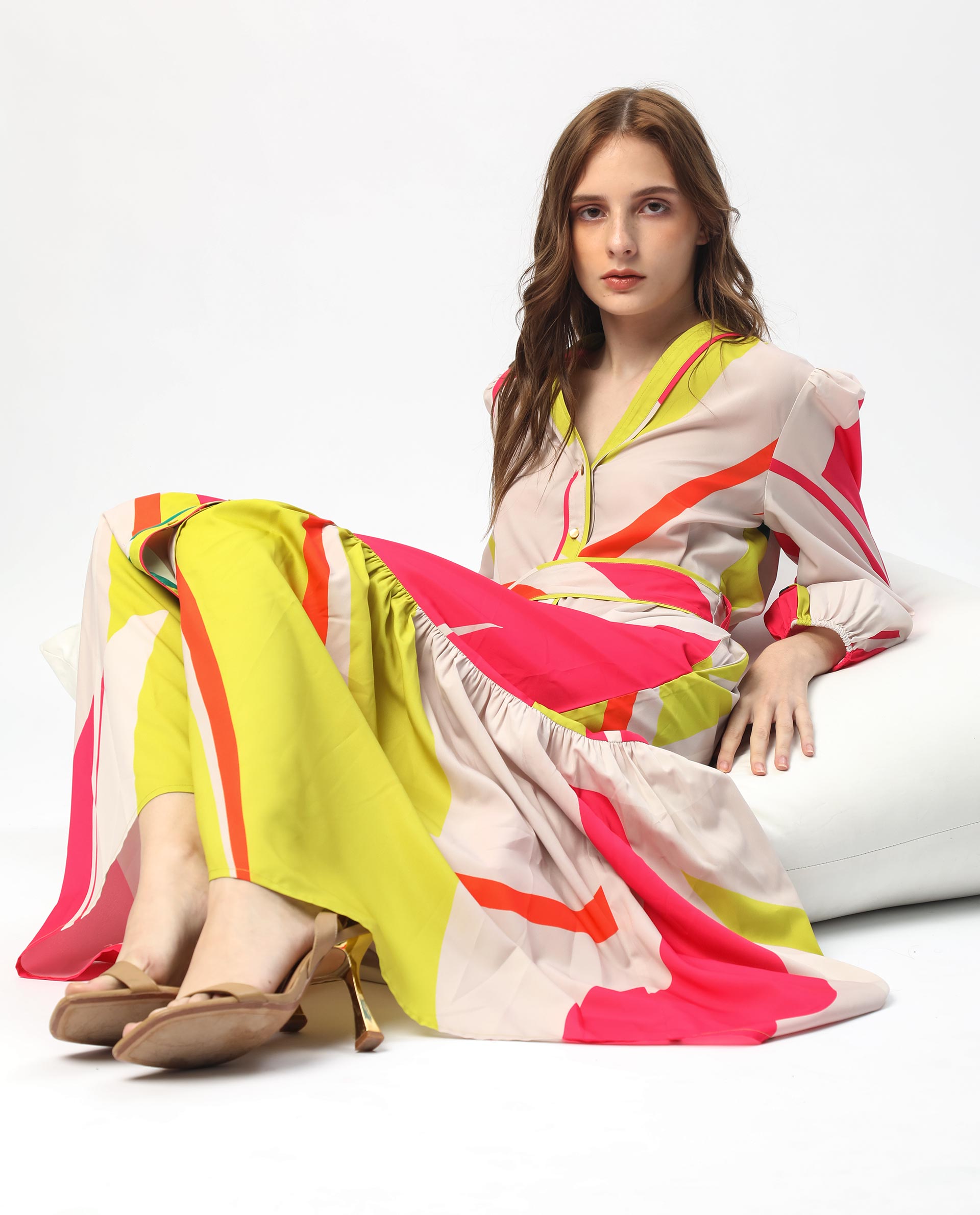 Rareism Women Gini Light Beige Polyester Fabric Full Sleeves Button Closure V-Neck Balloon Sleeve Regular Fit Abstract Print Maxi Tiered Dress