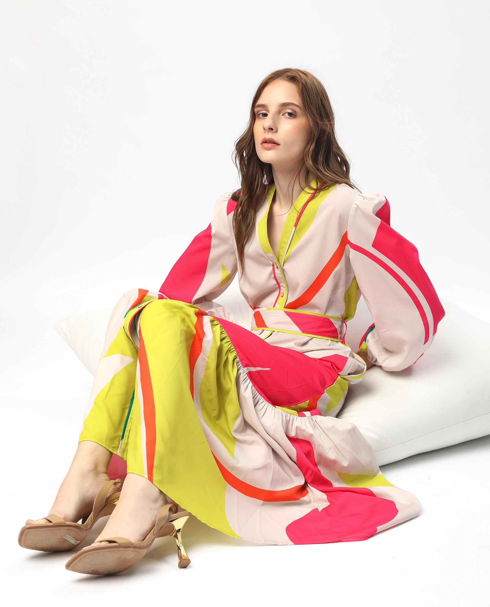 Rareism Women Gini Light Beige Polyester Fabric Full Sleeves Button Closure V-Neck Balloon Sleeve Regular Fit Abstract Print Maxi Tiered Dress