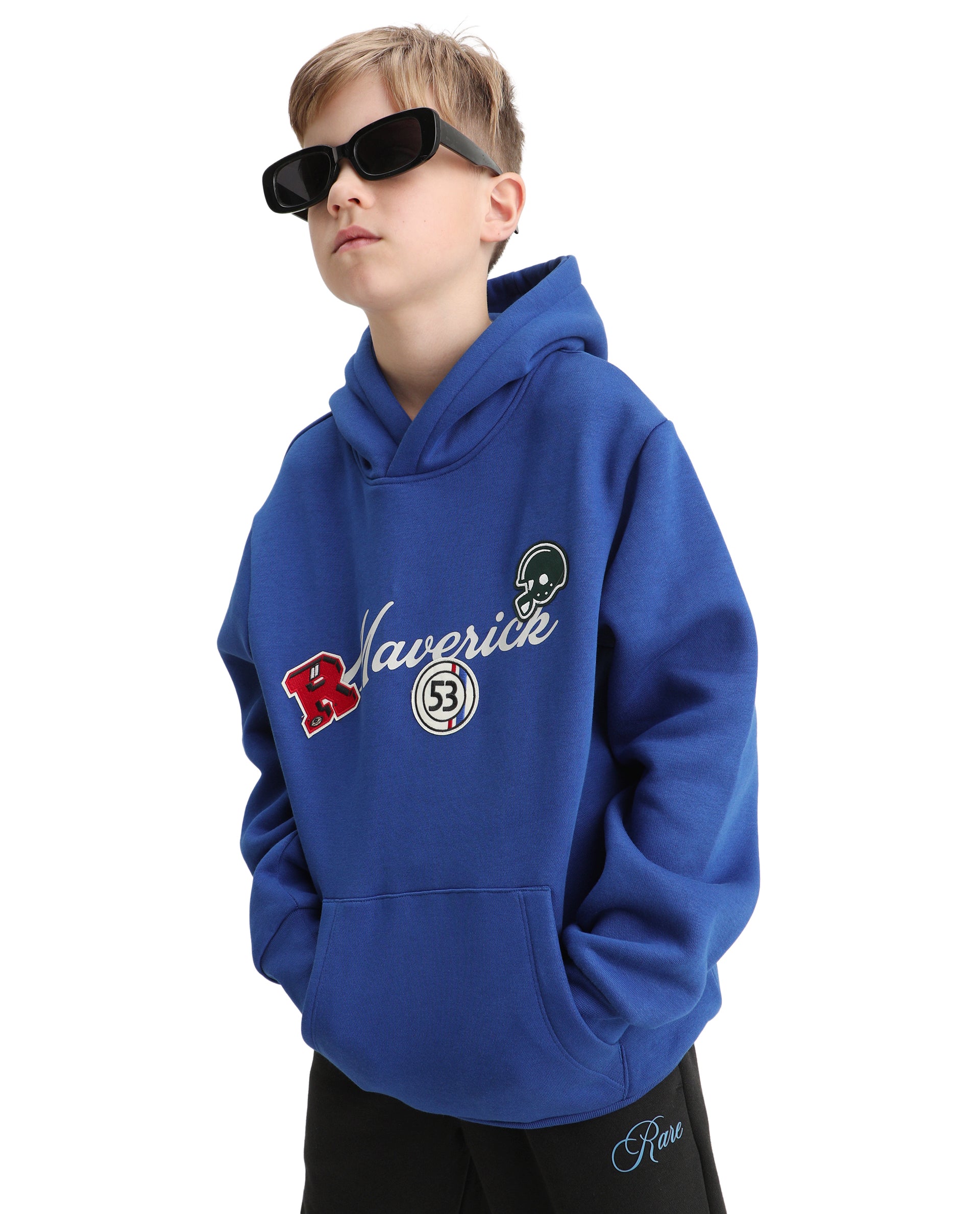 Rare Ones Kids Gino Dark Blue Cotton Blend Hooded Typography Oversized Sweatshirt