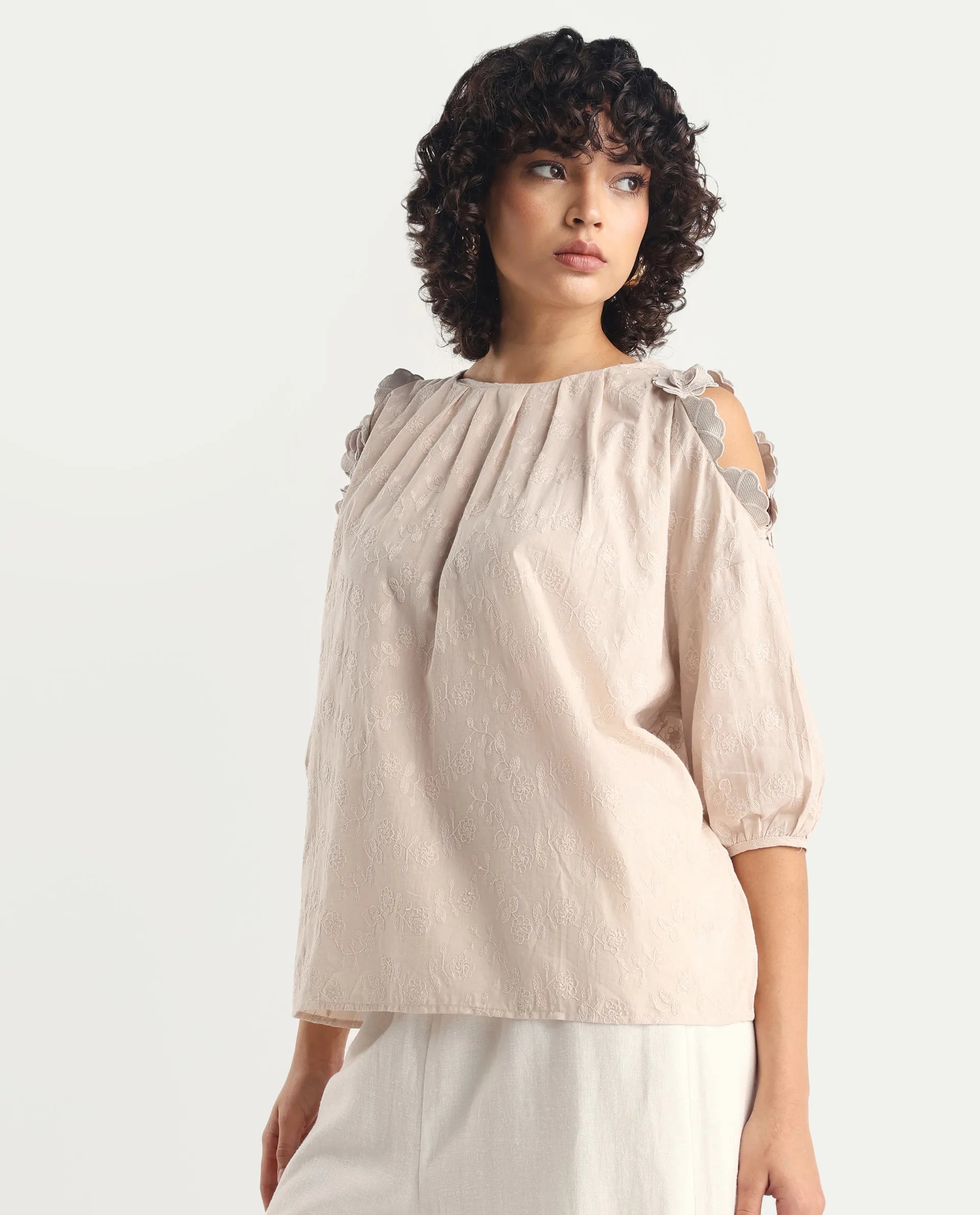 Rareism Women's Gips Beige Cotton Crew Neck Plain Balloon Sleeve Relaxed Fit Top