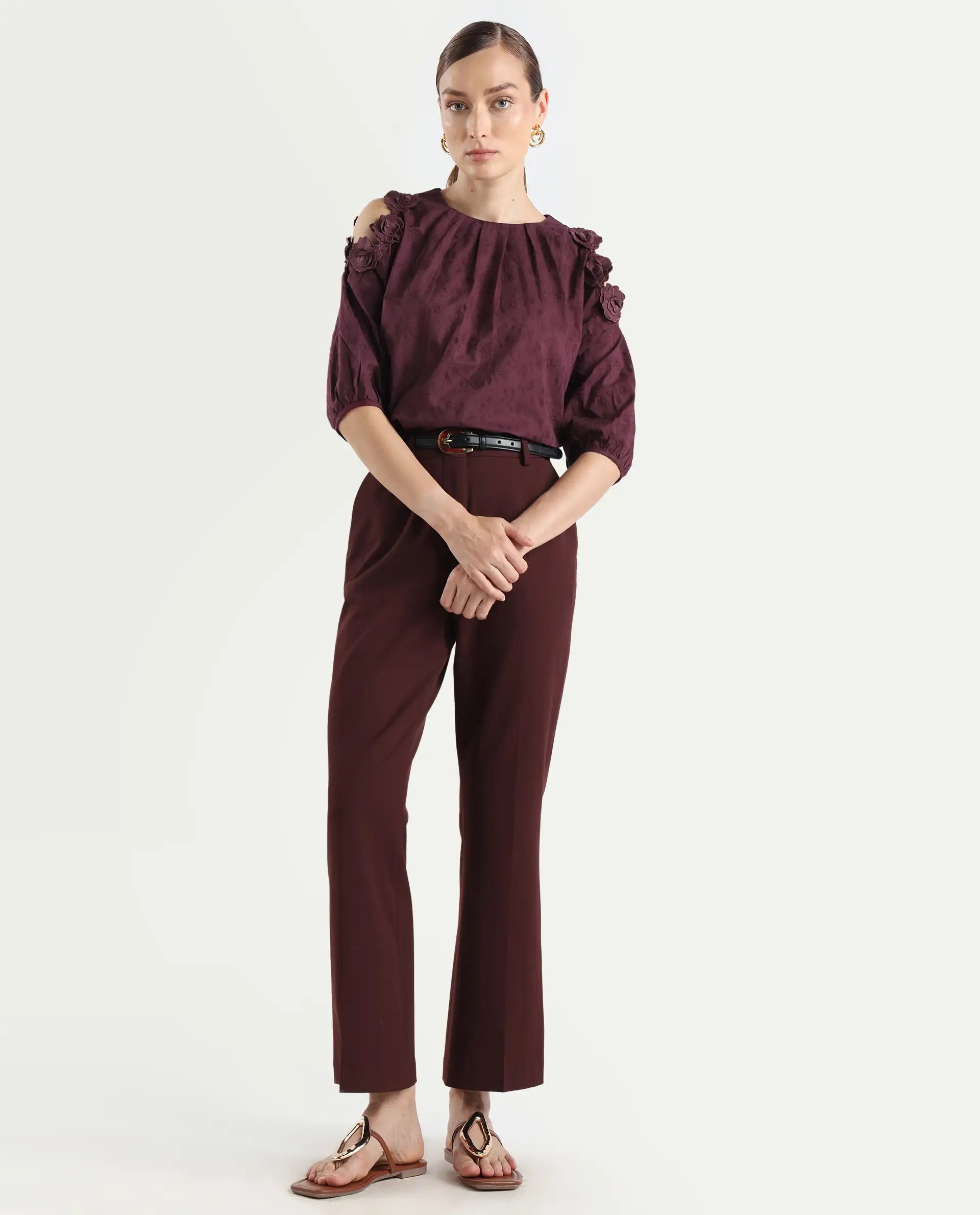 Rareism Women's Gips Red Cotton Crew Neck Plain Balloon Sleeve Relaxed Fit Top