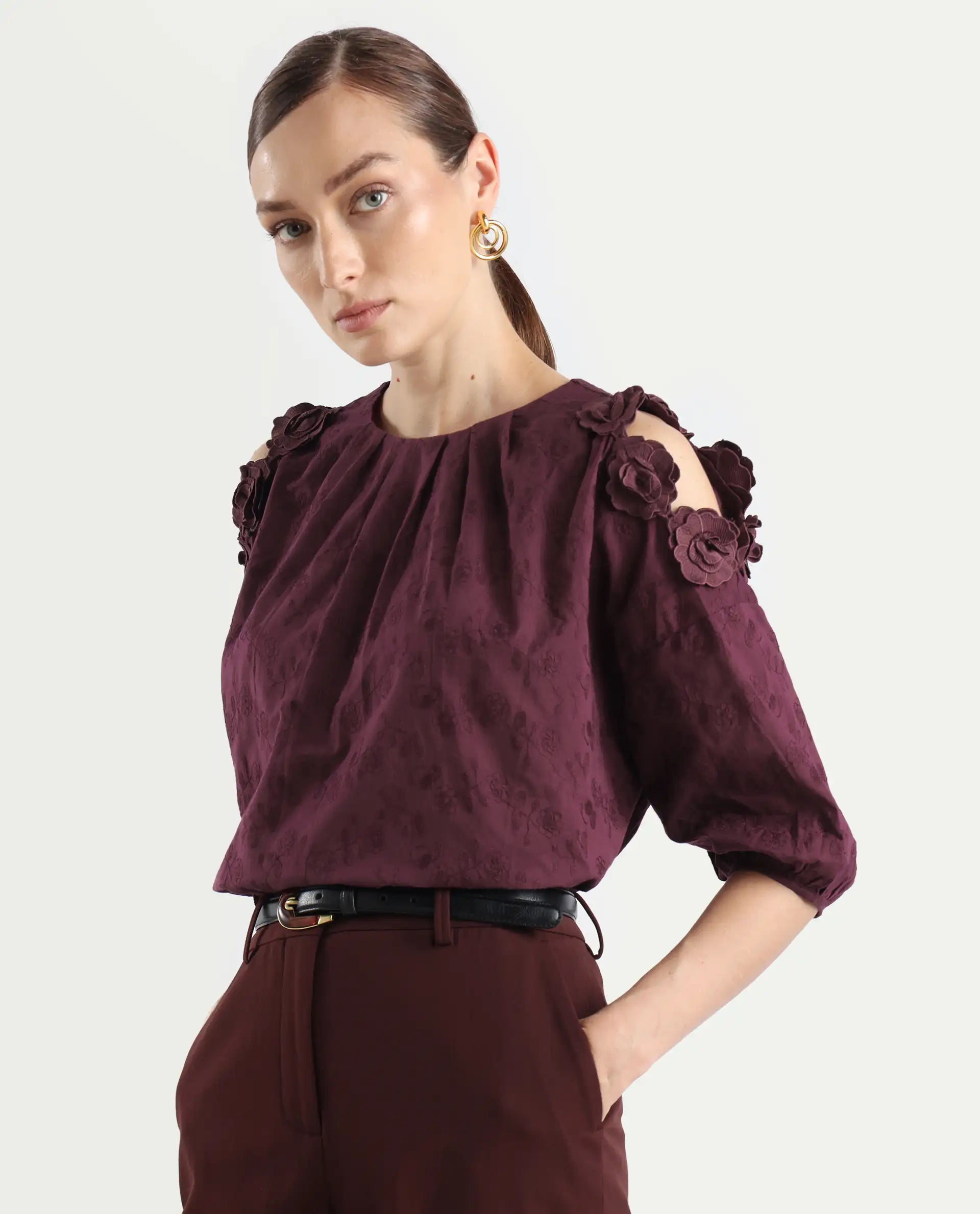 Rareism Women's Gips Red Cotton Crew Neck Plain Balloon Sleeve Relaxed Fit Top