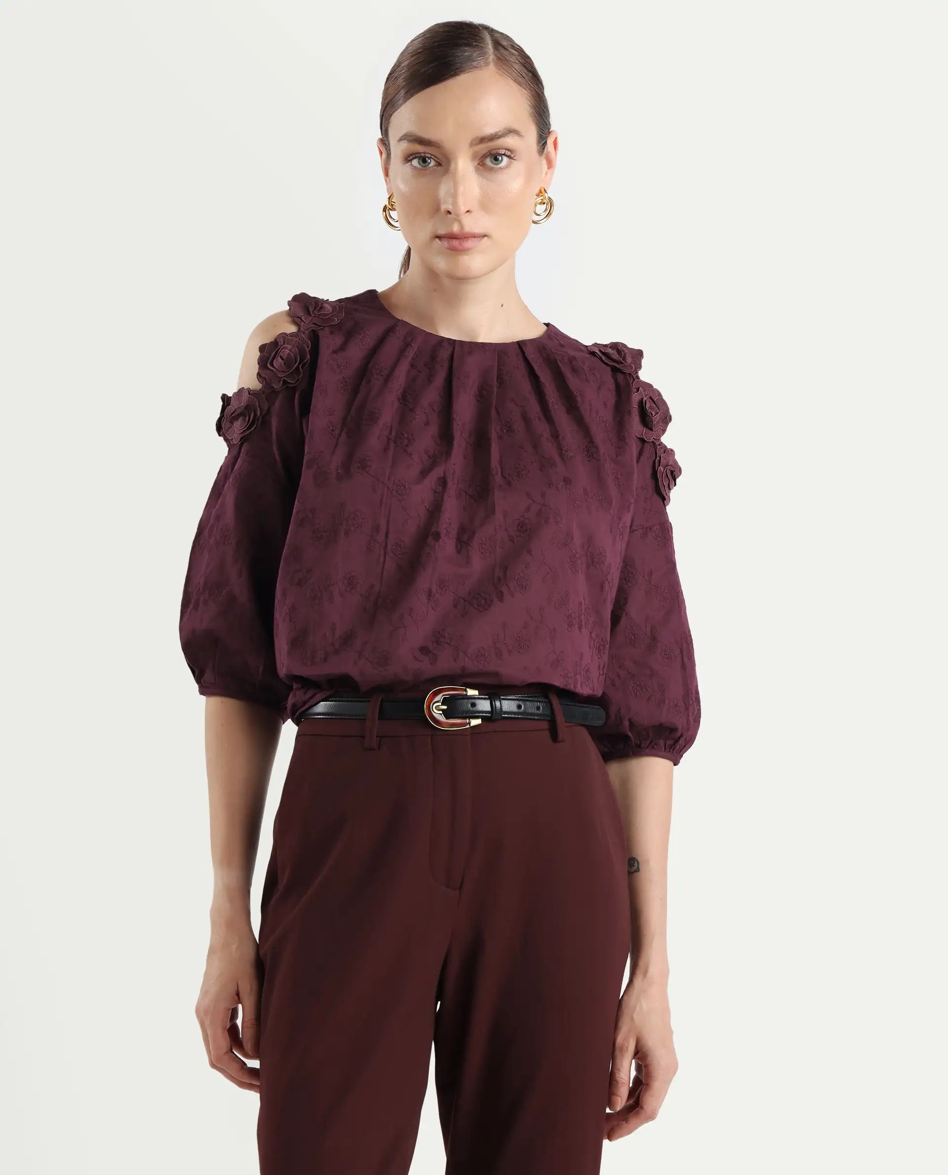 Rareism Women's Gips Red Cotton Crew Neck Plain Balloon Sleeve Relaxed Fit Top