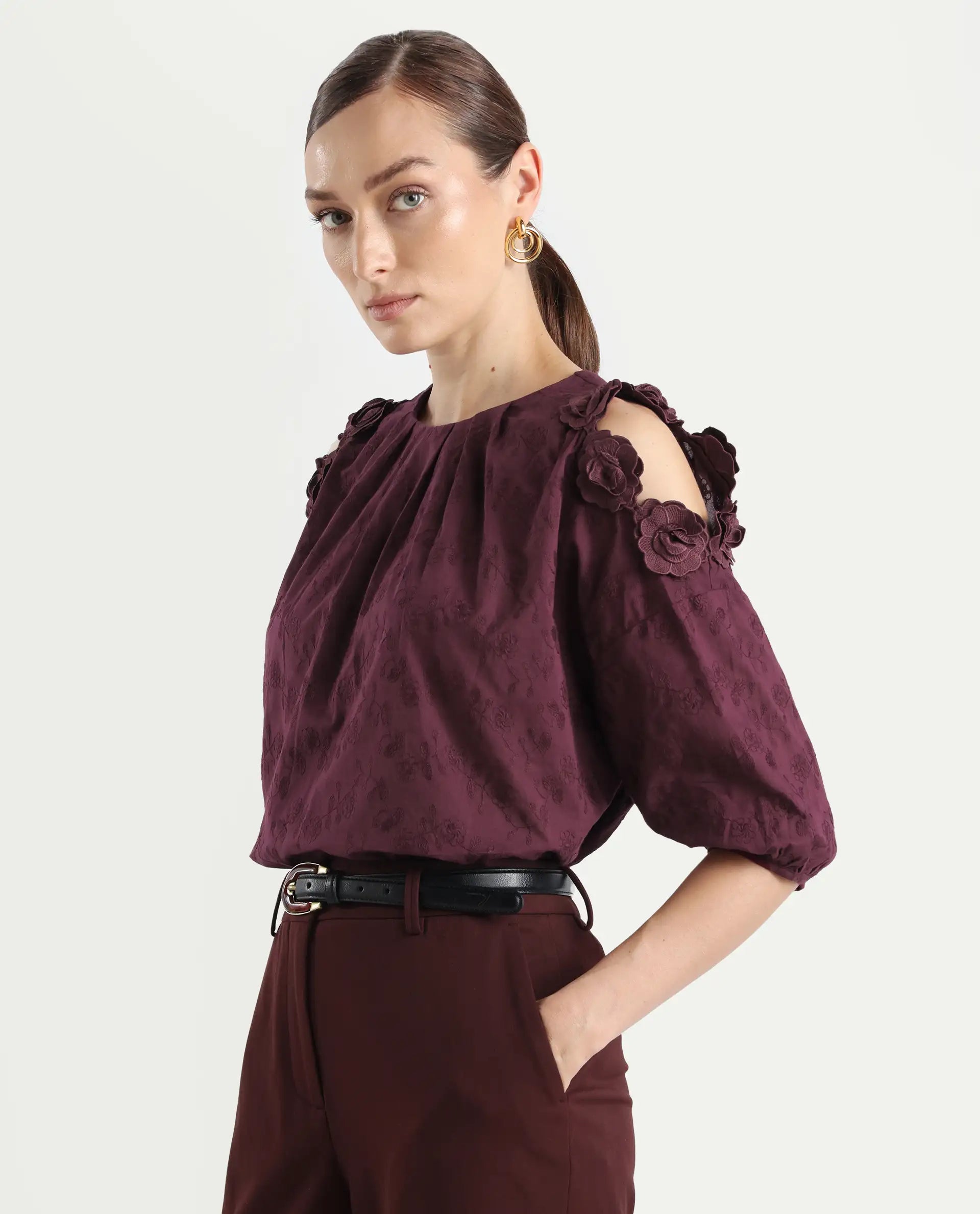 Rareism Women's Gips Red Cotton Crew Neck Plain Balloon Sleeve Relaxed Fit Top