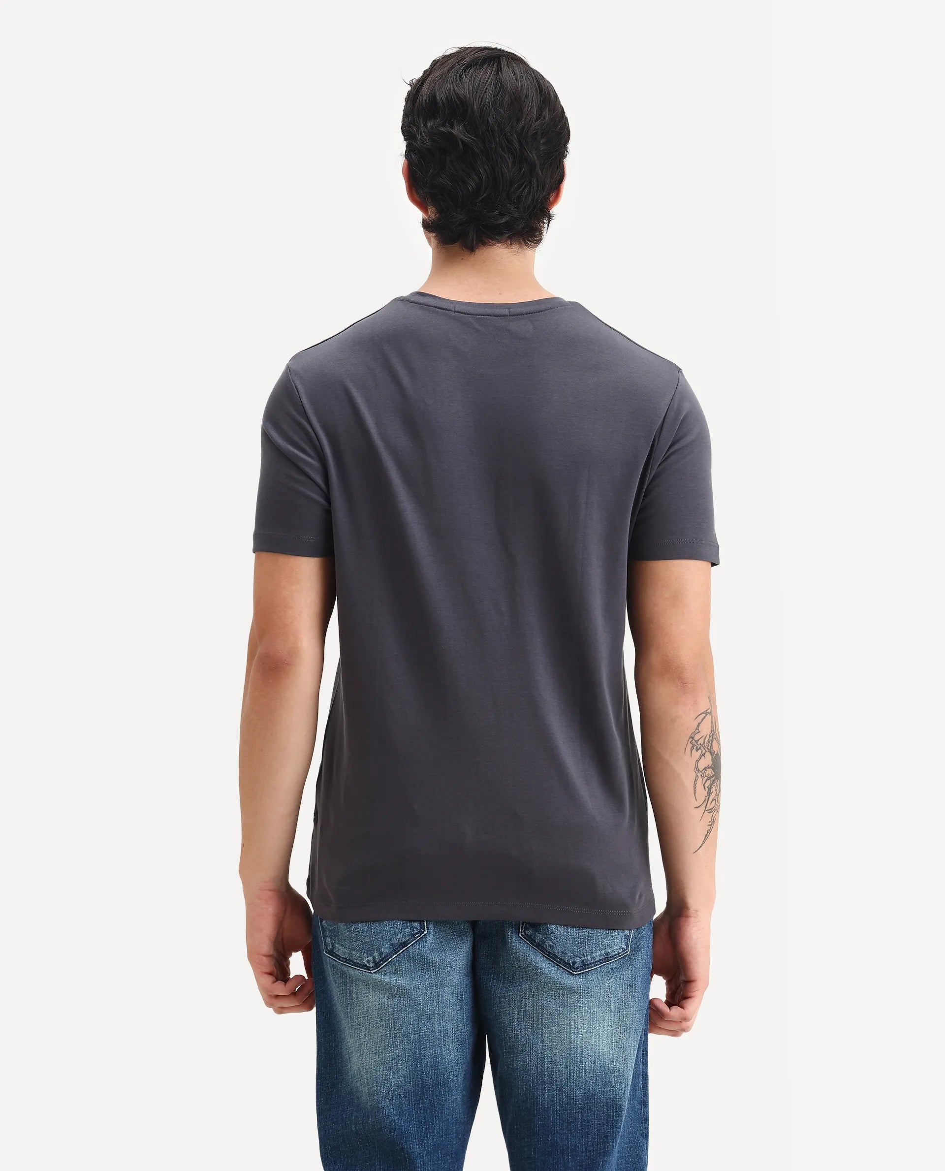 Rare Rabbit Men's Gis-1 Dark Grey Cotton Plain Slim Fit Half Sleeve Crew Neck T-Shirt