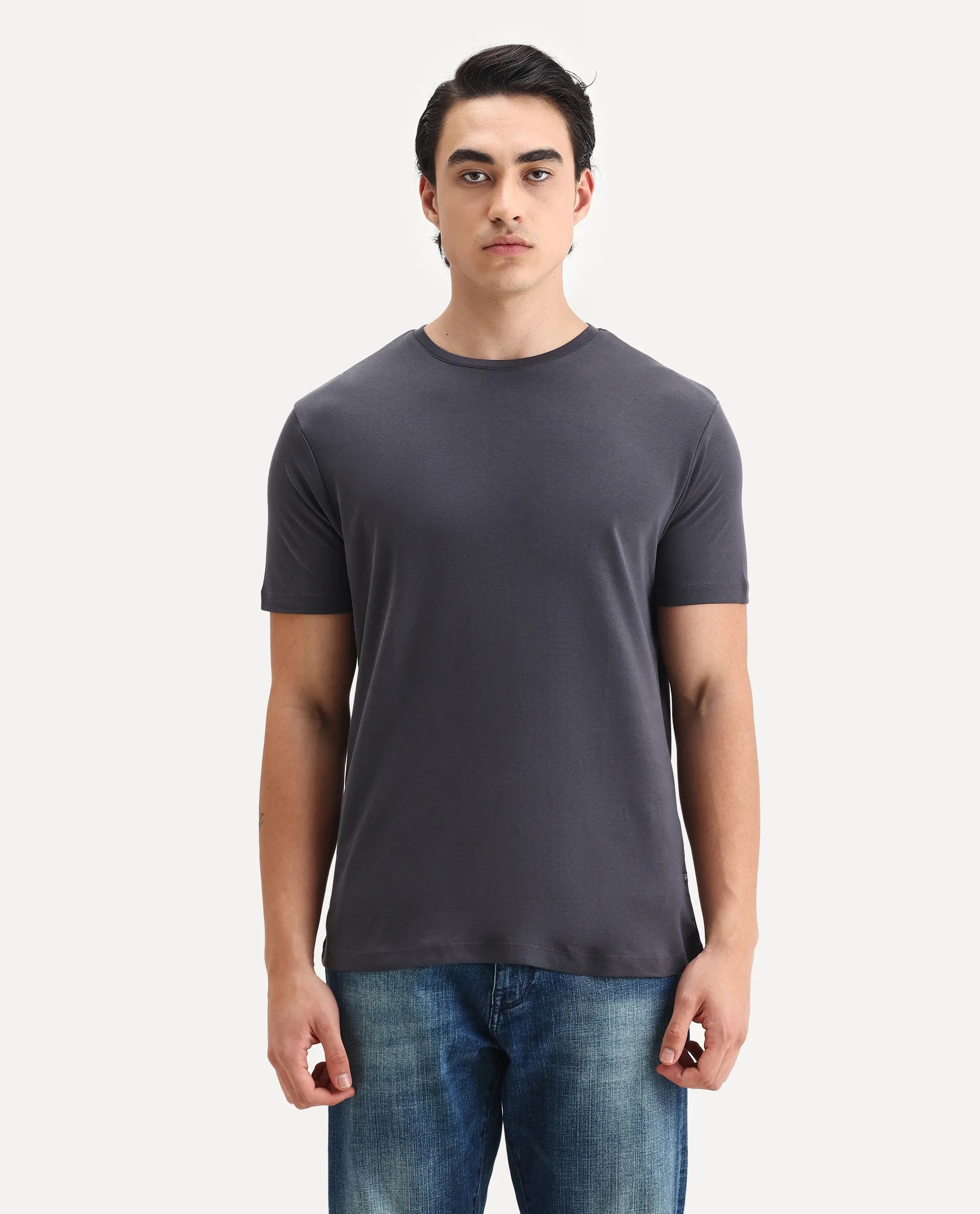 Rare Rabbit Men's Gis-1 Dark Grey Cotton Plain Slim Fit Half Sleeve Crew Neck T-Shirt