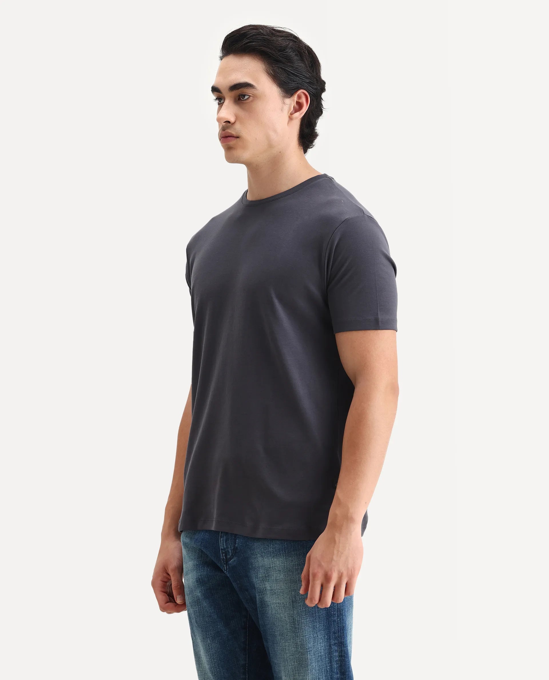 Rare Rabbit Men's Gis-1 Dark Grey Cotton Plain Slim Fit Half Sleeve Crew Neck T-Shirt