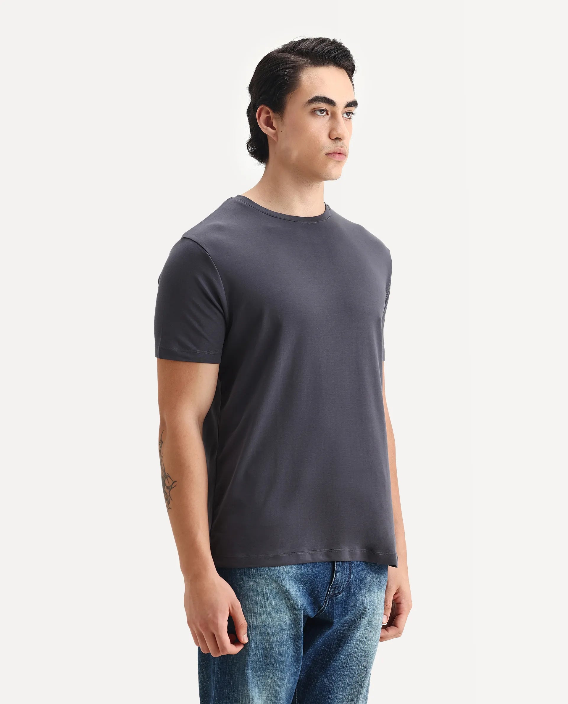 Rare Rabbit Men's Gis-1 Dark Grey Cotton Plain Slim Fit Half Sleeve Crew Neck T-Shirt