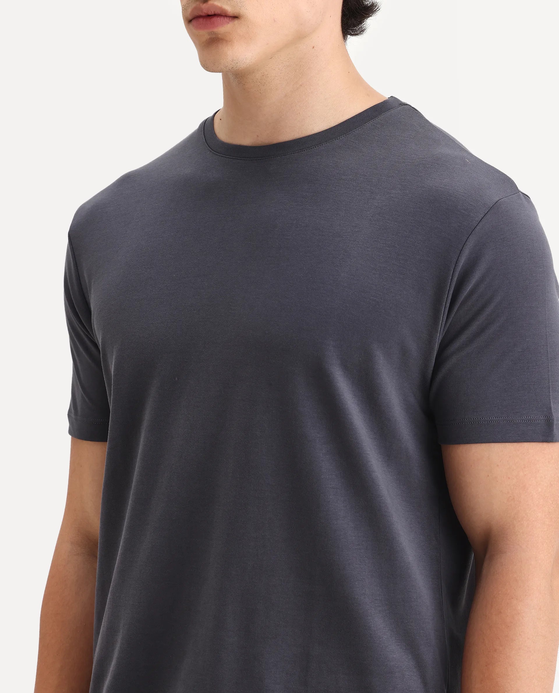Rare Rabbit Men's Gis-1 Dark Grey Cotton Plain Slim Fit Half Sleeve Crew Neck T-Shirt