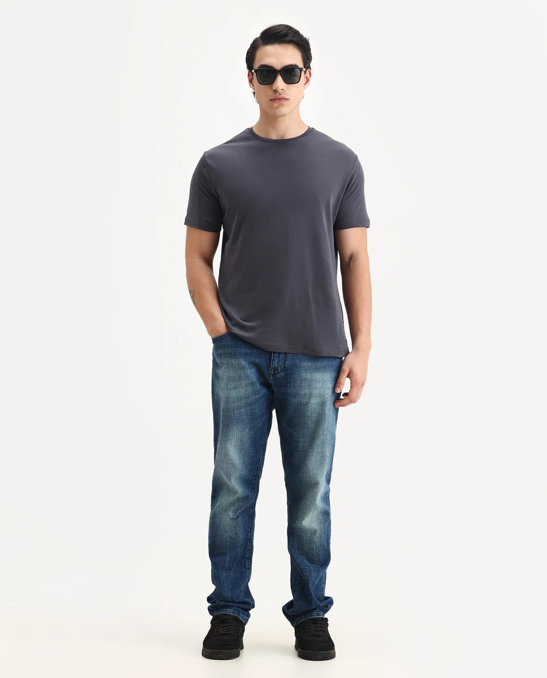 Rare Rabbit Men's Gis-1 Dark Grey Cotton Plain Slim Fit Half Sleeve Crew Neck T-Shirt
