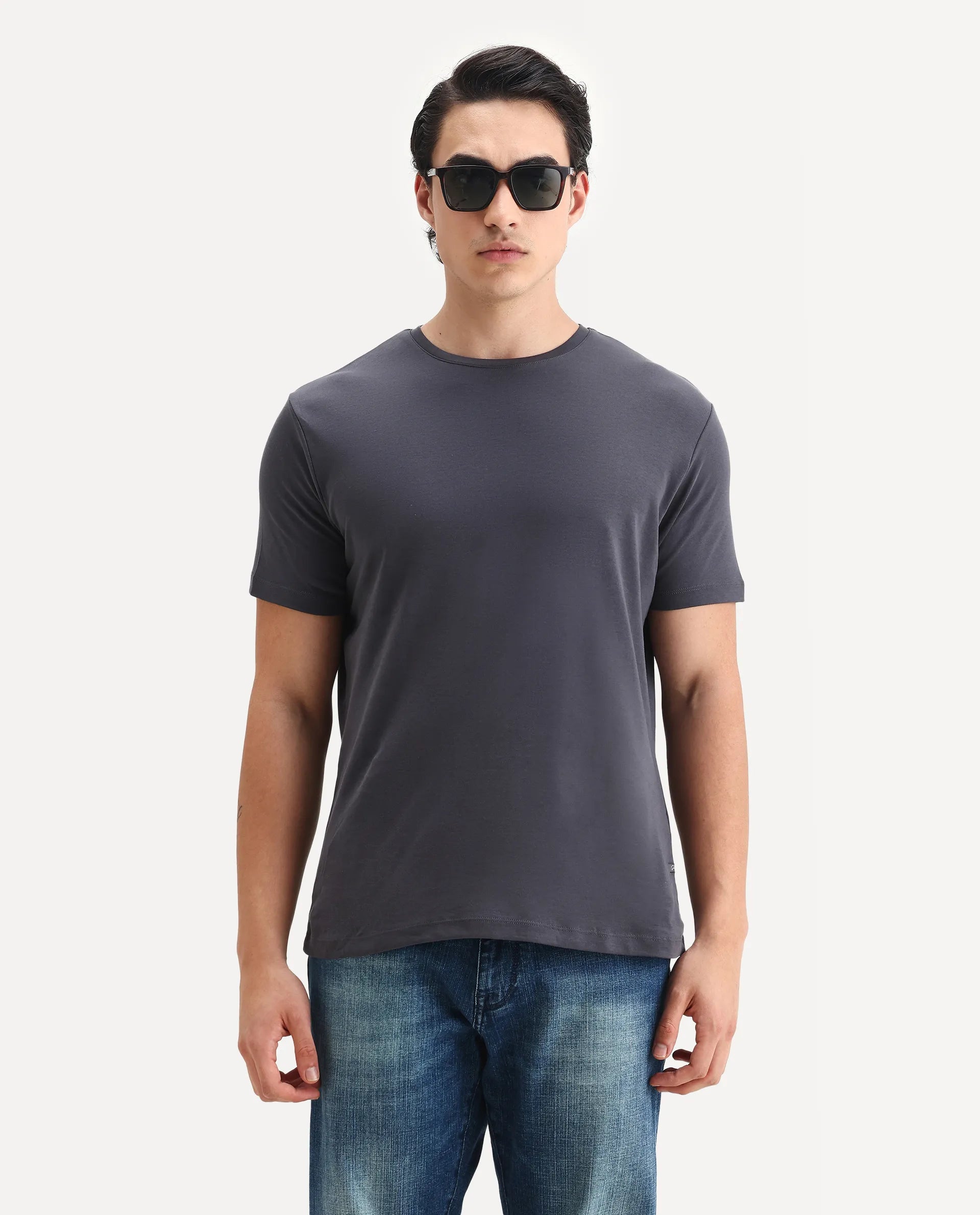 Rare Rabbit Men's Gis-1 Dark Grey Cotton Plain Slim Fit Half Sleeve Crew Neck T-Shirt
