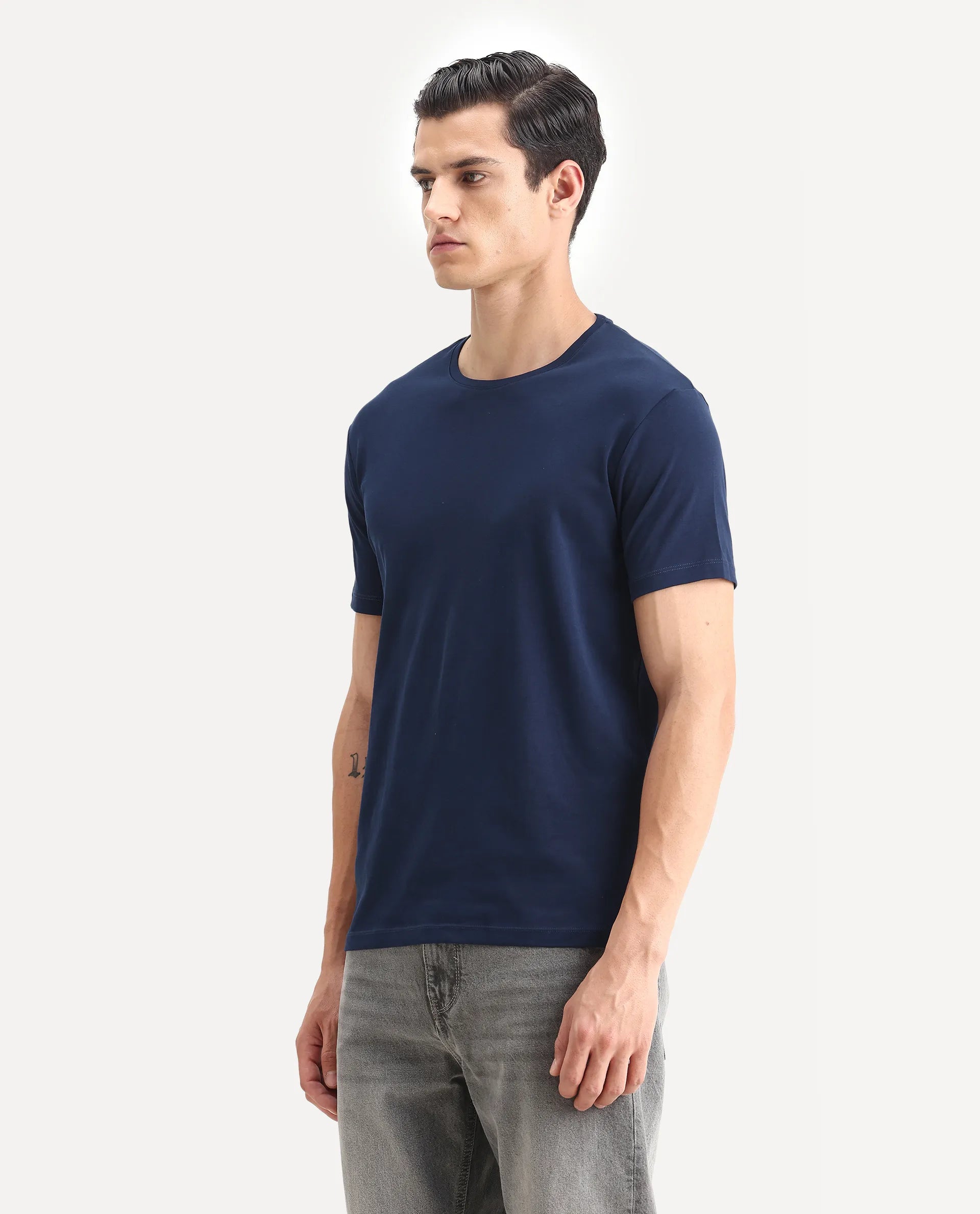 Rare Rabbit Men's Gis-1 Navy Cotton Plain Slim Fit Half Sleeve Crew Neck T-Shirt