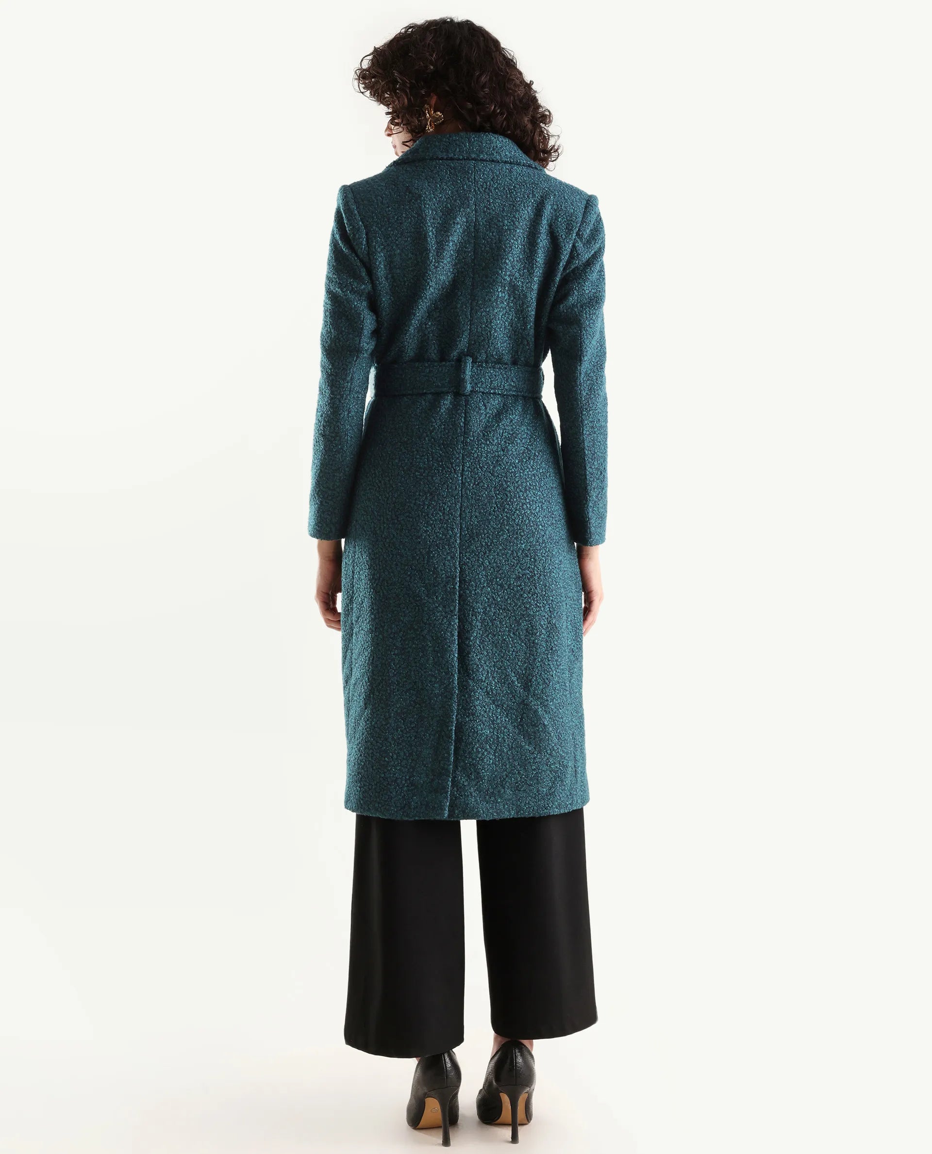 Rareism Women's Gisbor Teal Cotton Blend Lapel Neck Plain Midi Regular Fit Jacket