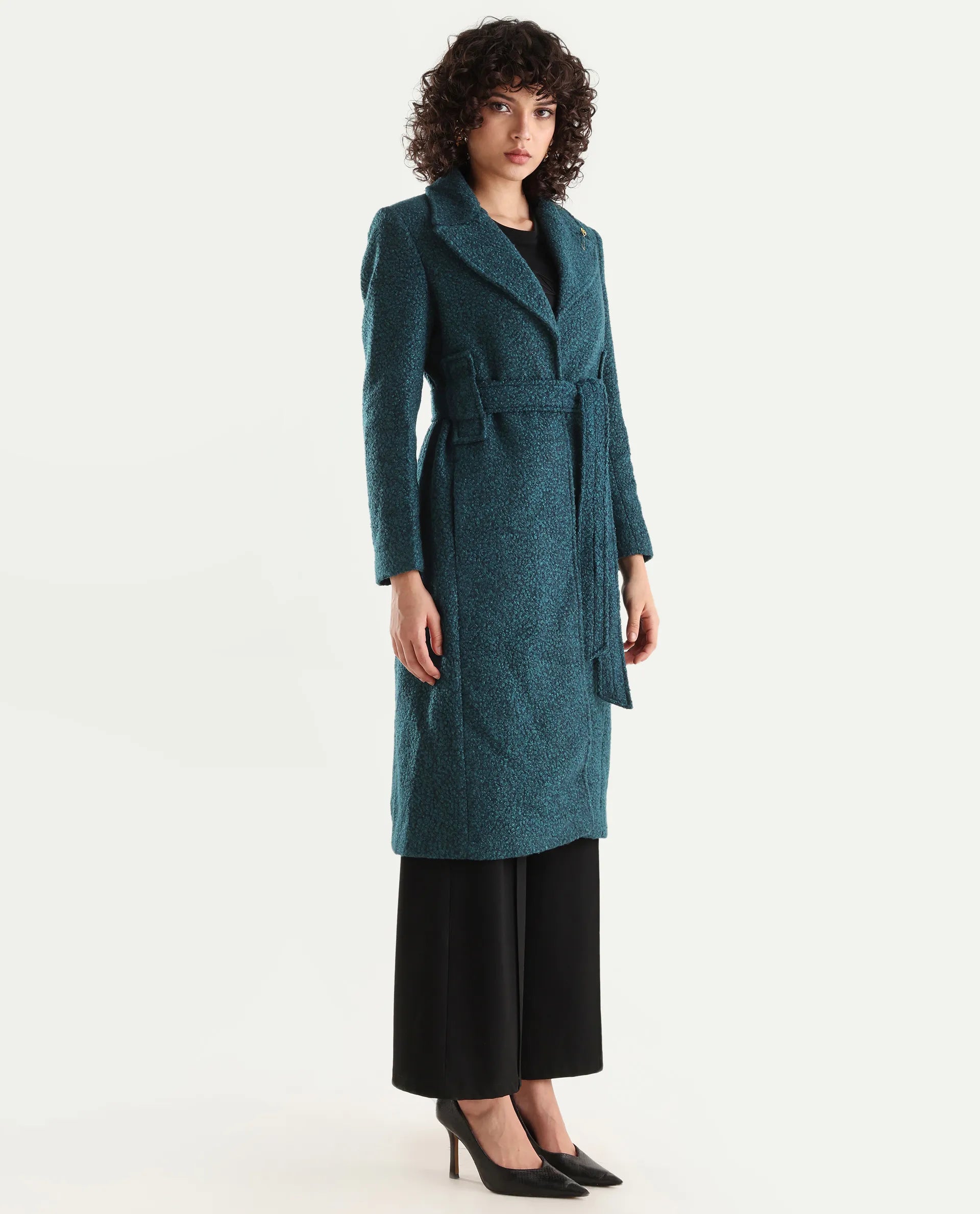 Rareism Women's Gisbor Teal Cotton Blend Lapel Neck Plain Midi Regular Fit Jacket