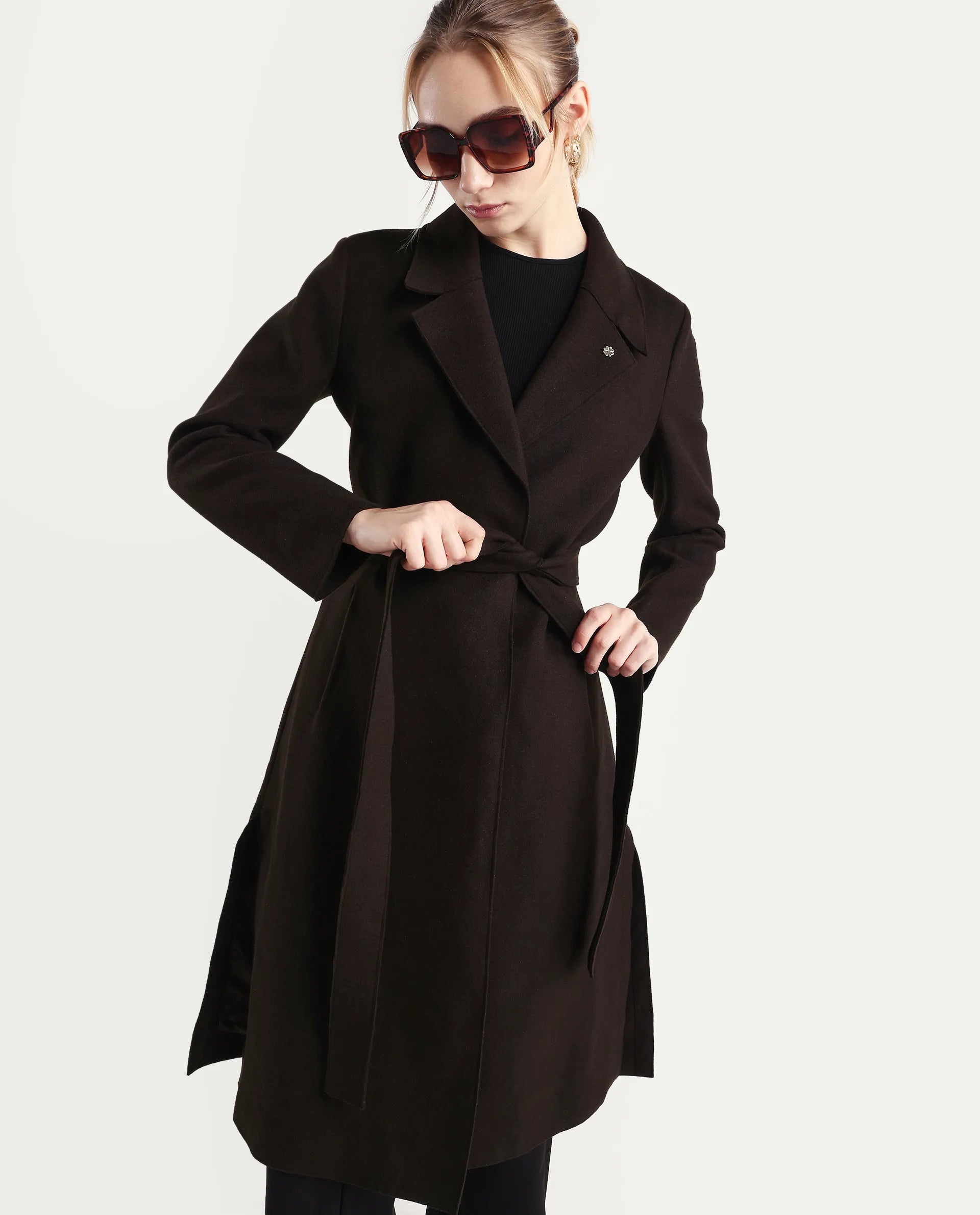 Rareism Women's Gisbory Olive Polyester Blend Lapel Collar Coat Plain Coat