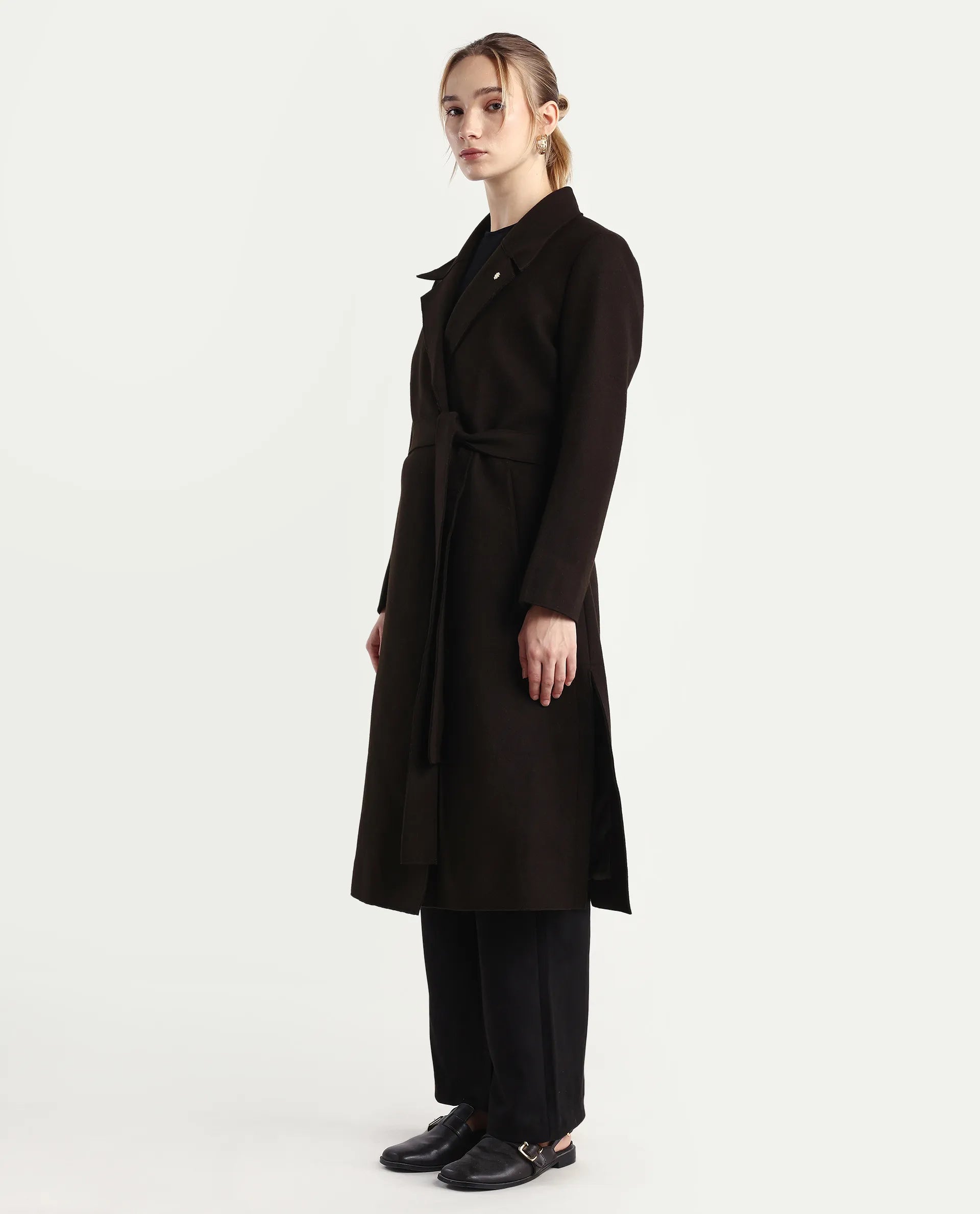 Rareism Women's Gisbory Olive Polyester Blend Lapel Collar Coat Plain Coat