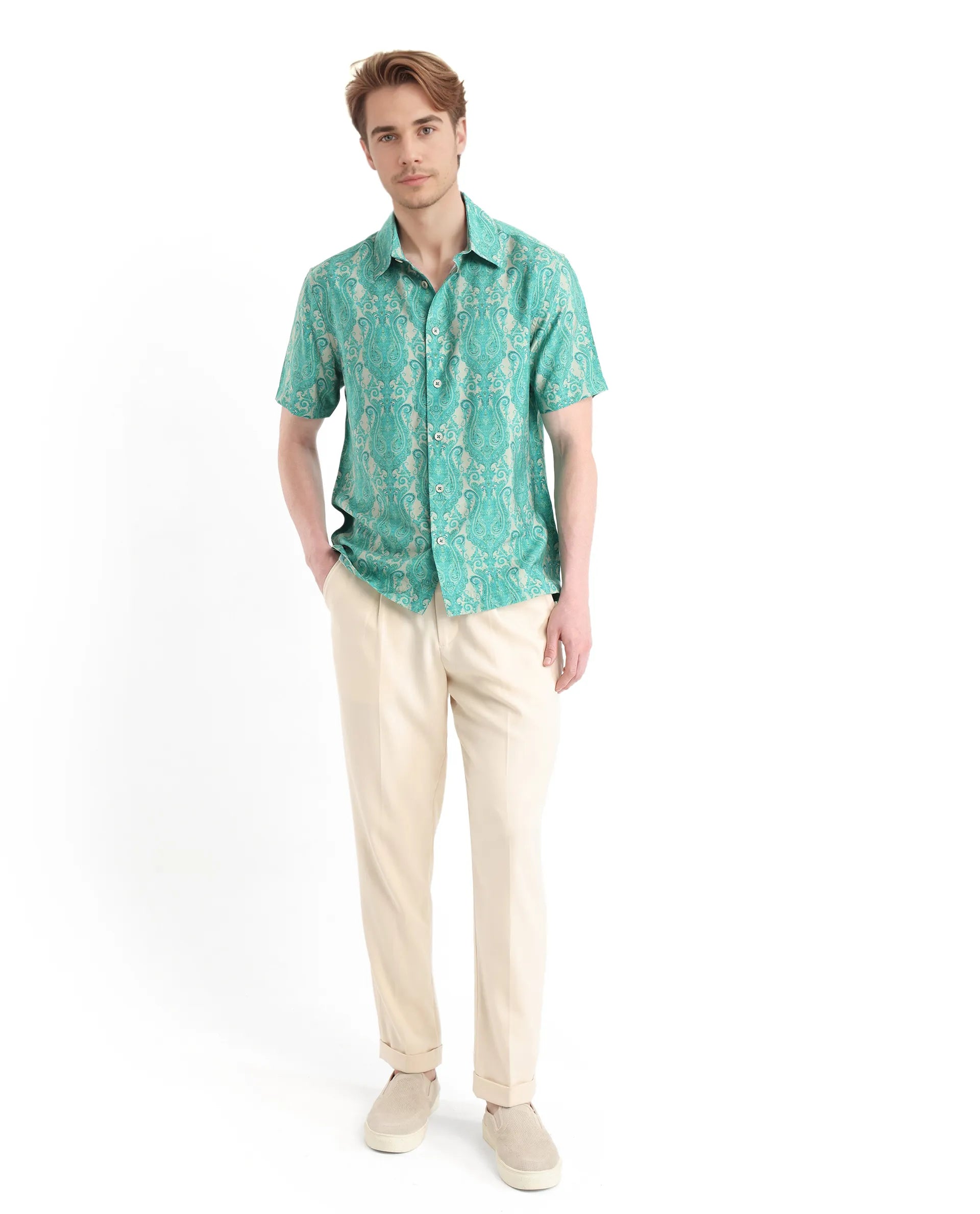 Rare Rabbit Men Gisda Green Short Sleeve Regular Collar Button Closure Regular Fit Paisley Printed Shirt