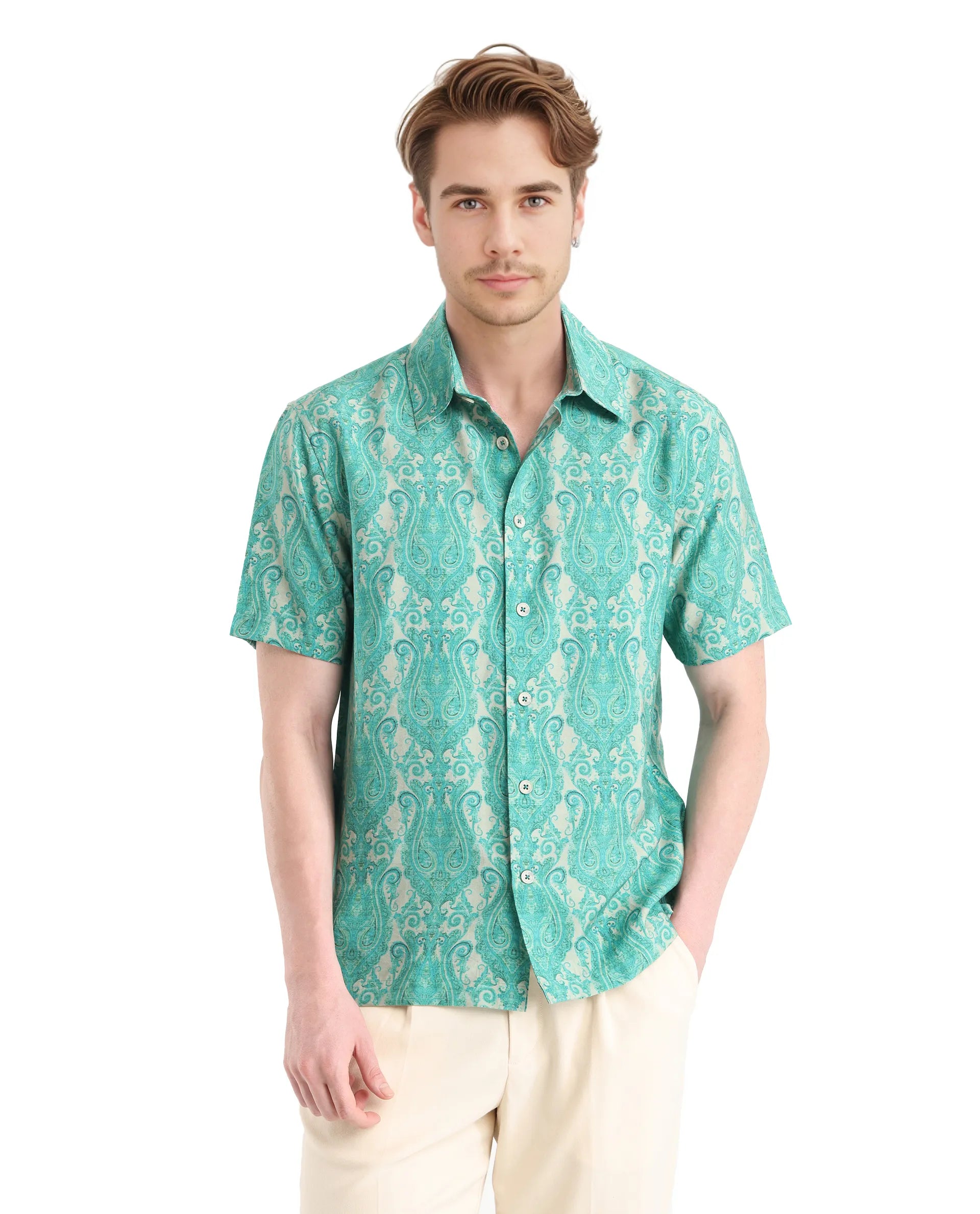 Rare Rabbit Men Gisda Green Short Sleeve Regular Collar Button Closure Regular Fit Paisley Printed Shirt