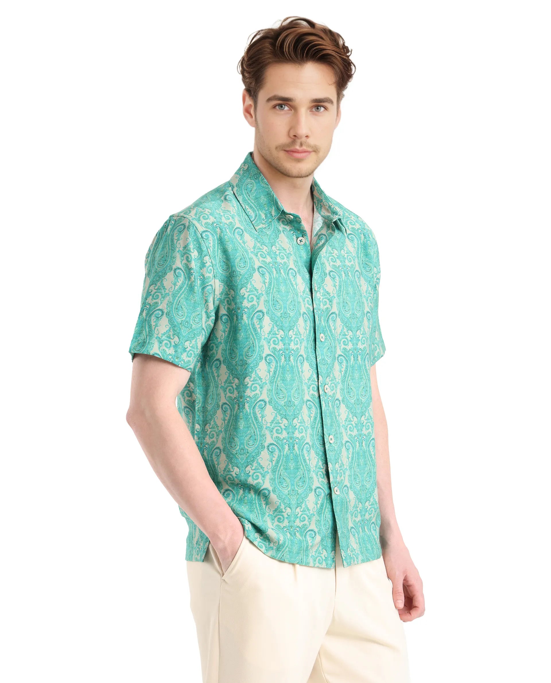 Rare Rabbit Men Gisda Green Short Sleeve Regular Collar Button Closure Regular Fit Paisley Printed Shirt