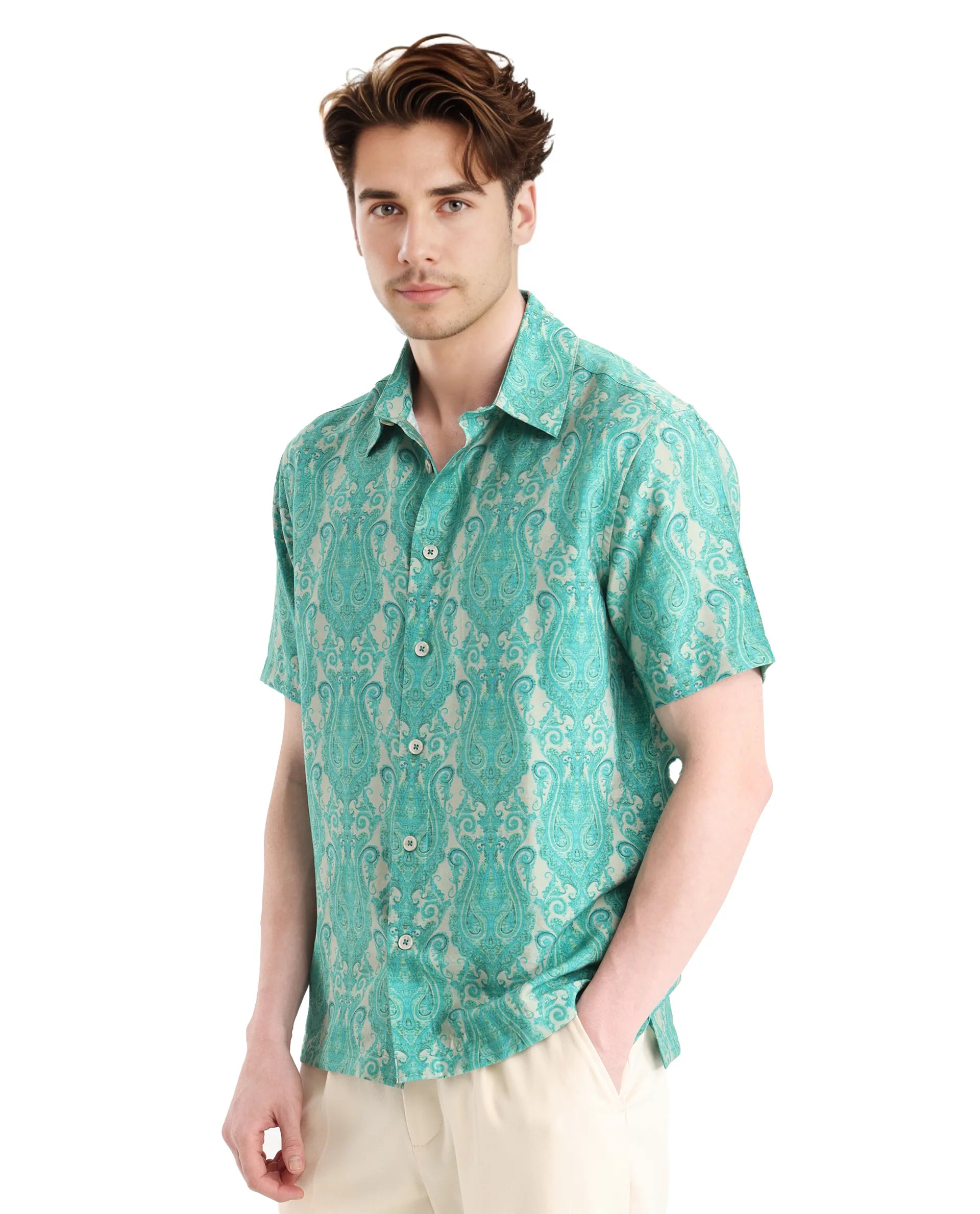 Rare Rabbit Men Gisda Green Short Sleeve Regular Collar Button Closure Regular Fit Paisley Printed Shirt