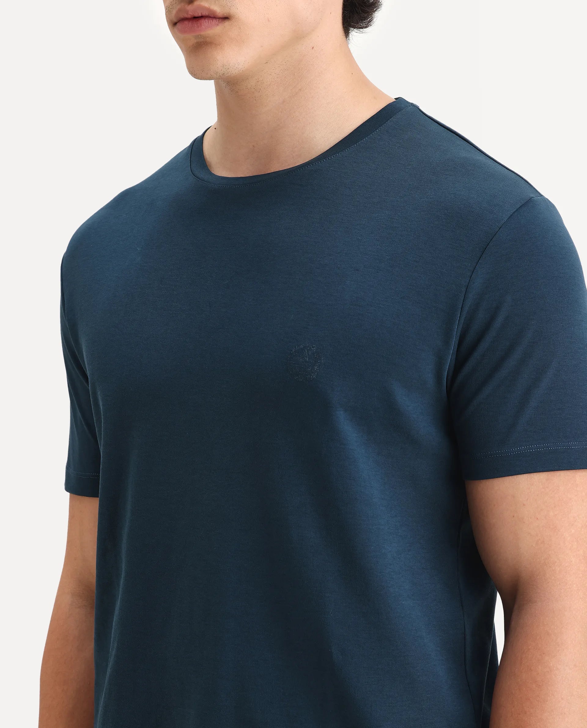 Rare Rabbit Men's Gis Petrol Cotton Plain Regular Fit Half Sleeve Crew Neck T-Shirt