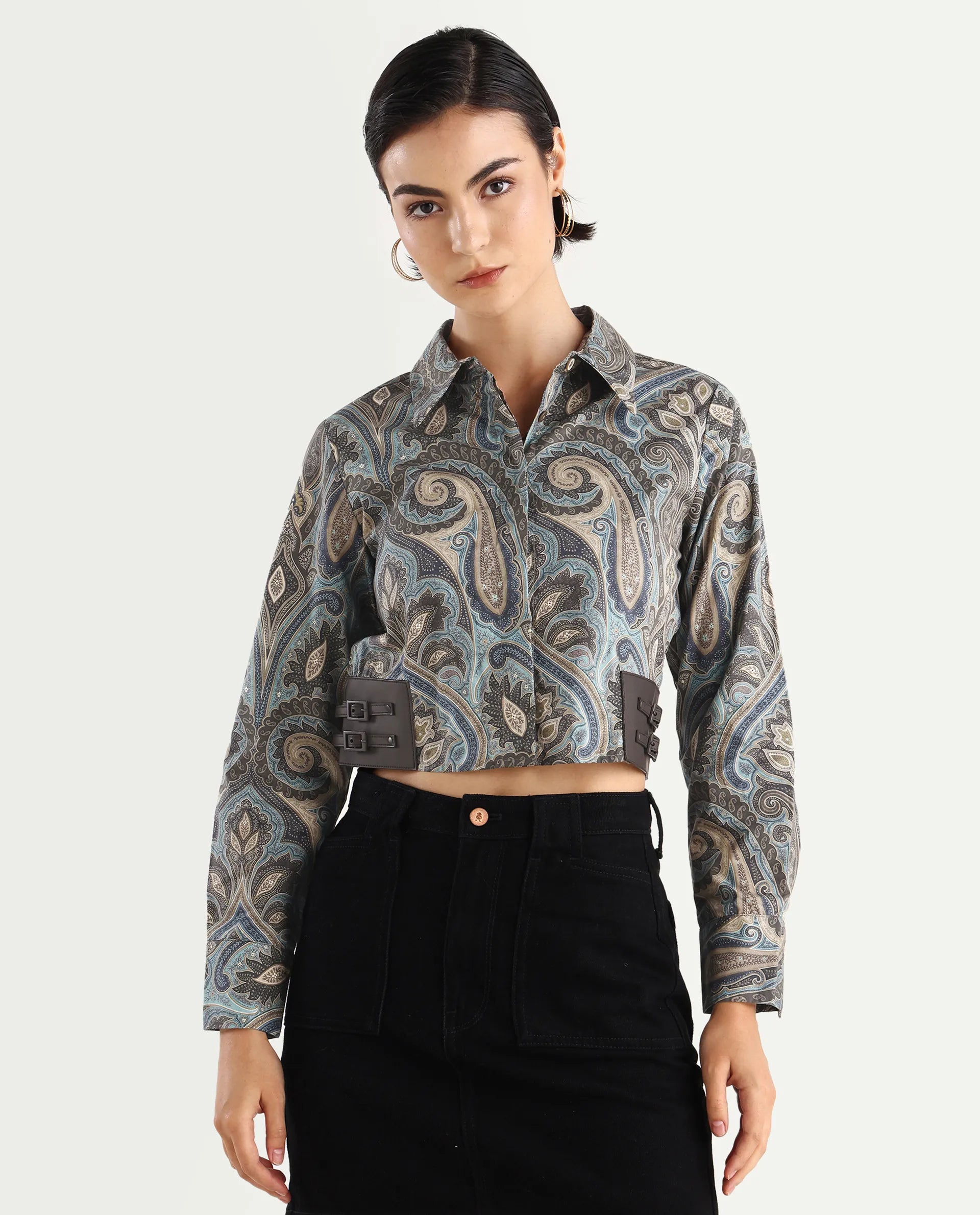 Rareism Women's Gister Multi Cotton Drop Collar Paisley Print Cuffed Sleeve Crop Regular Fit Shirt