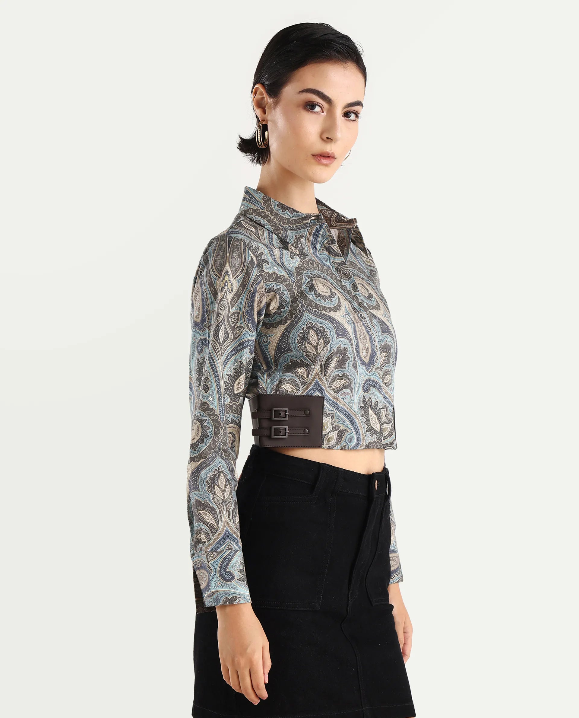 Rareism Women's Gister Multi Cotton Drop Collar Paisley Print Cuffed Sleeve Crop Regular Fit Shirt