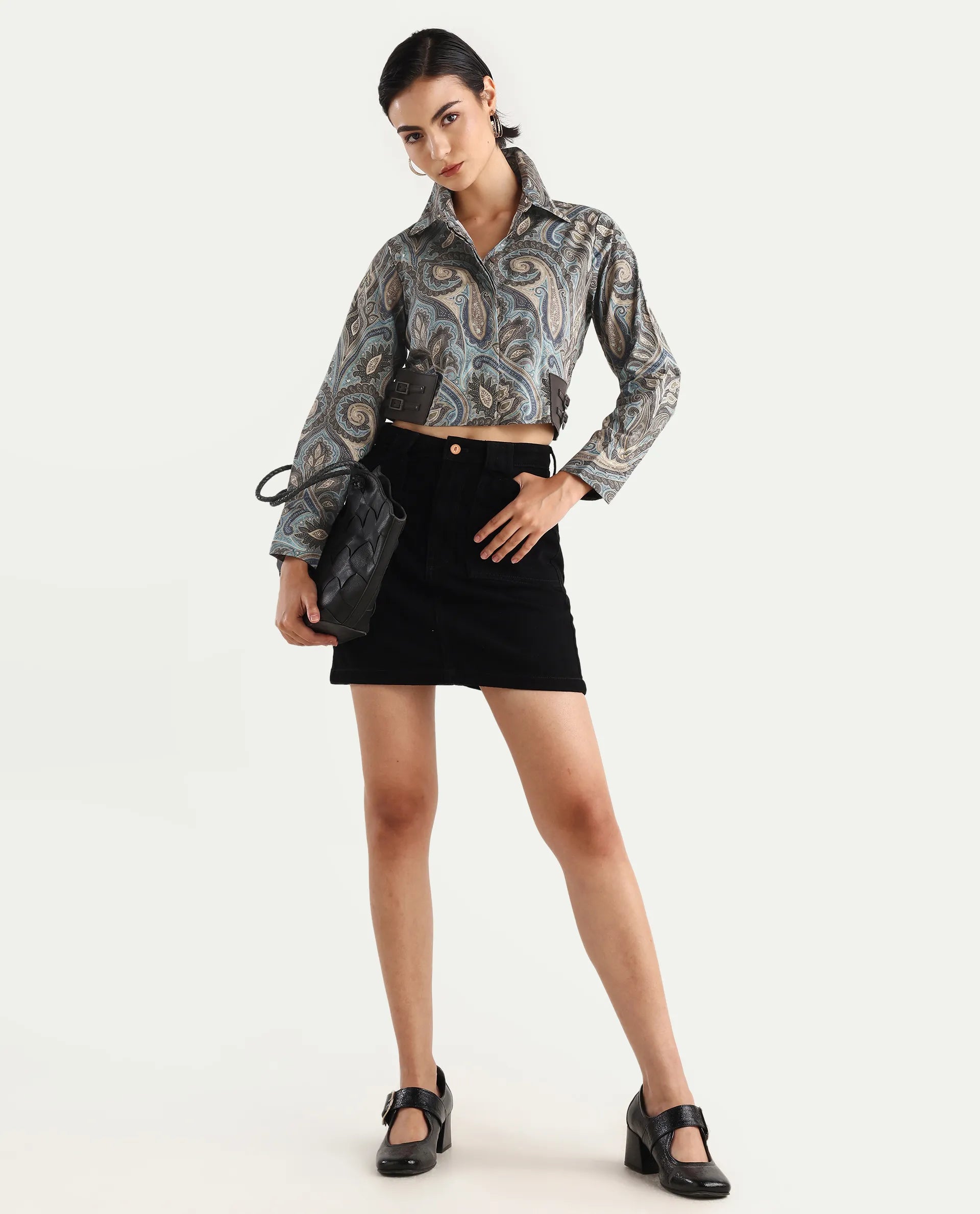 Rareism Women's Gister Multi Cotton Drop Collar Paisley Print Cuffed Sleeve Crop Regular Fit Shirt