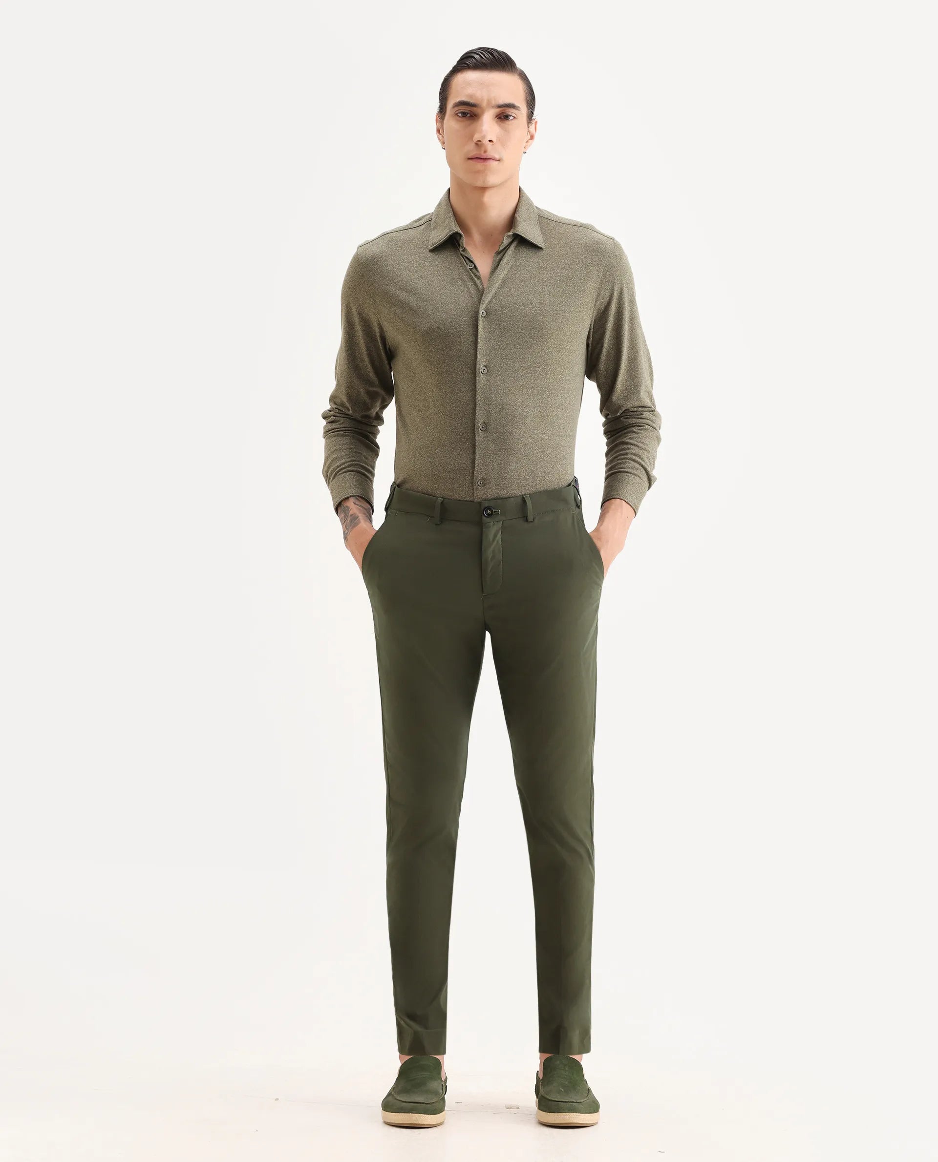 Rare Rabbit Men's Glak Olive Viscose Plain Slim Fit Trouser