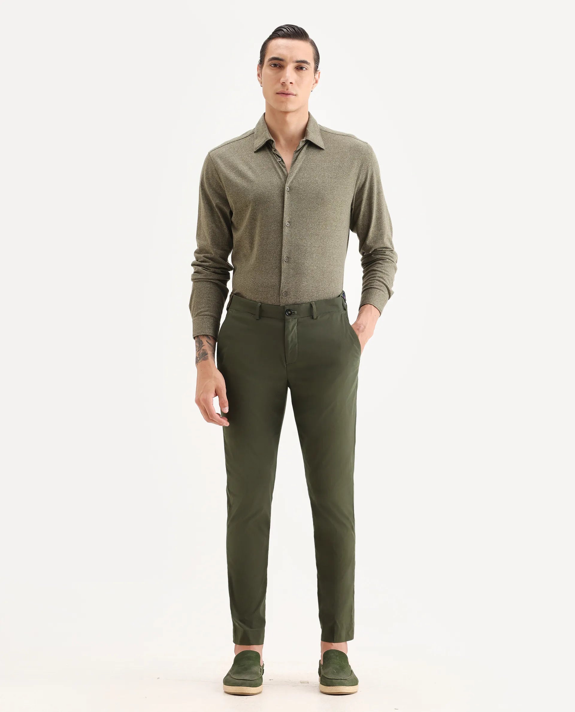 Rare Rabbit Men's Glak Olive Viscose Plain Slim Fit Trouser