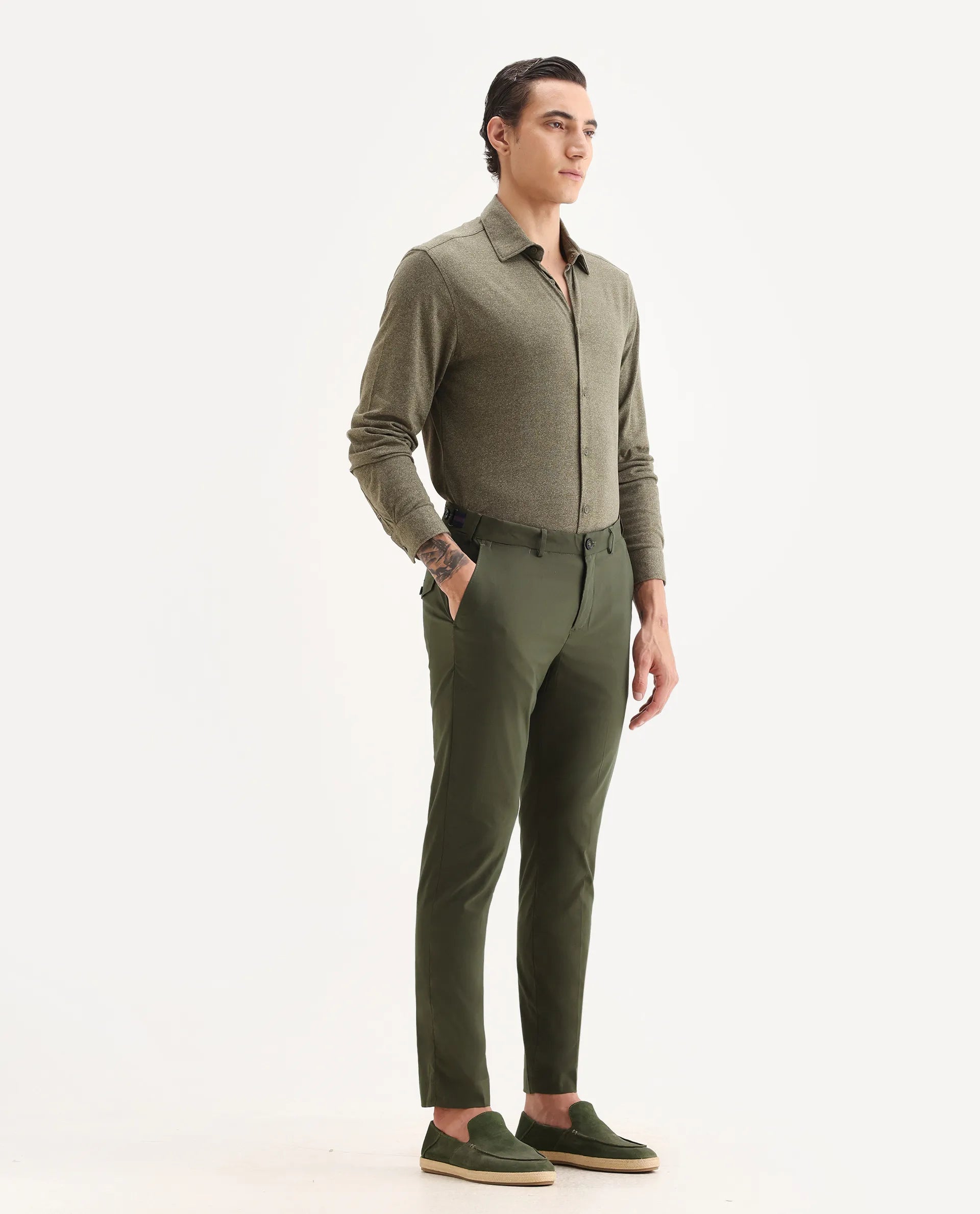 Rare Rabbit Men's Glak Olive Viscose Plain Slim Fit Trouser