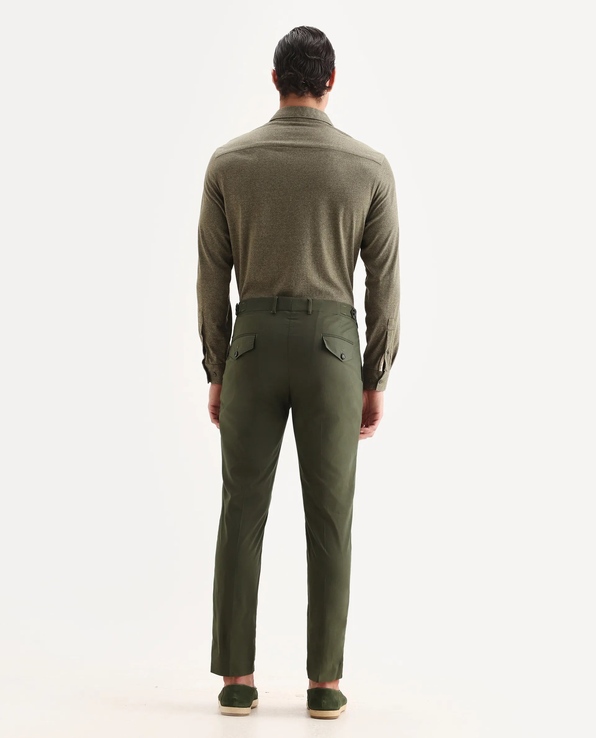 Rare Rabbit Men's Glak Olive Viscose Plain Slim Fit Trouser