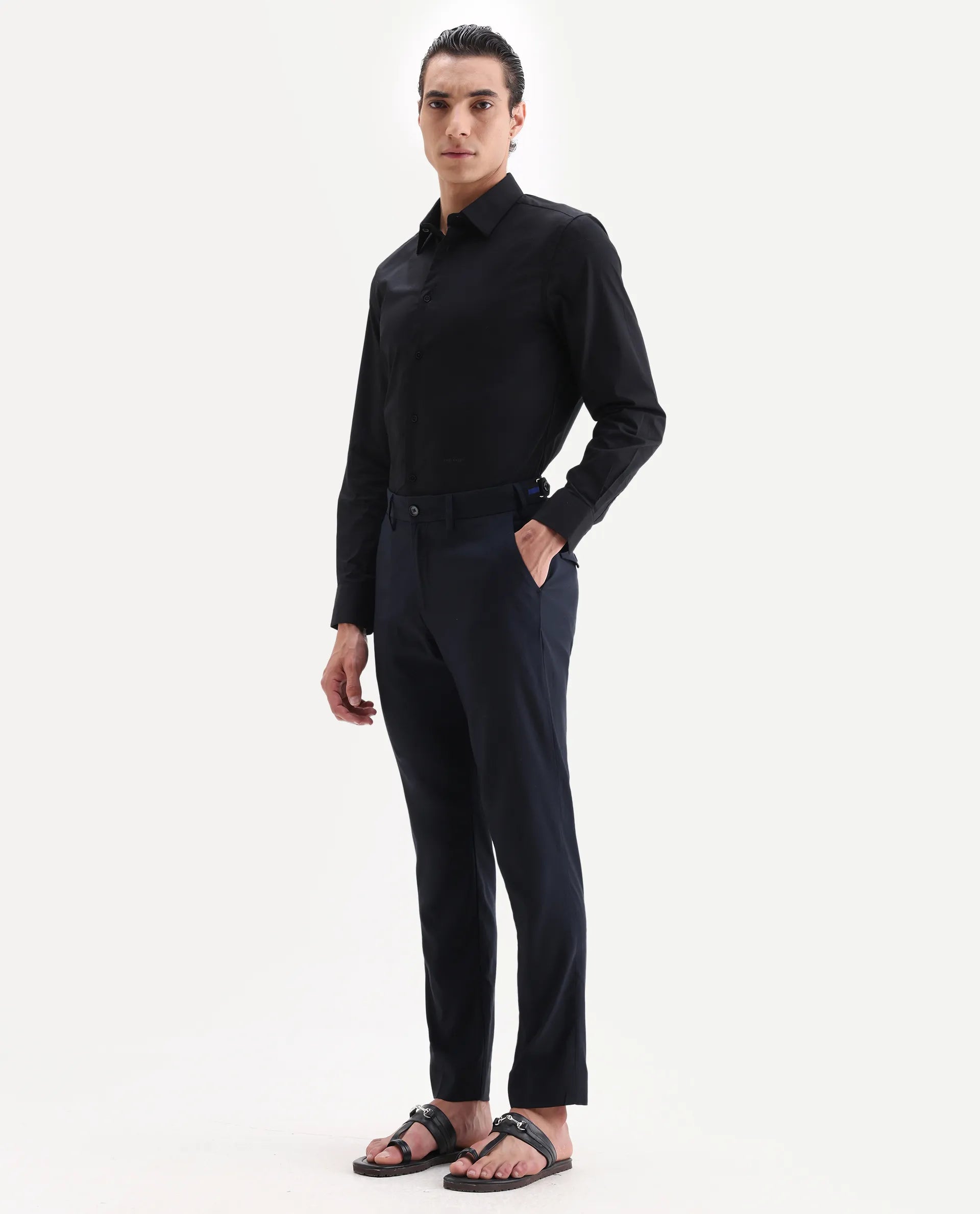 Rare Rabbit Men's Glade 1 Navy Polyester Plain Regular Fit Trouser