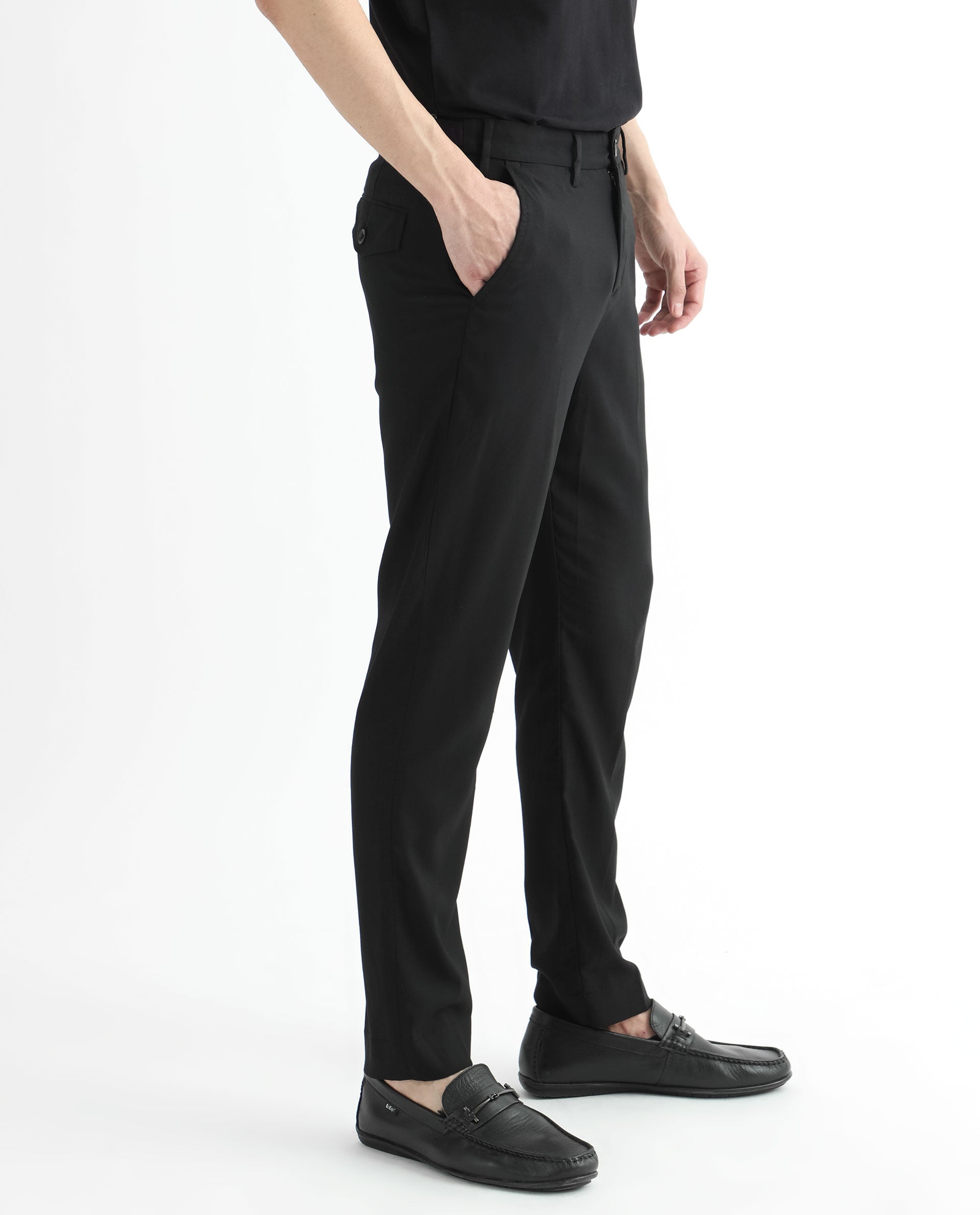 Rare Rabbit Men's Glade Black Solid Mid-Rise Slim Fit Trousers
