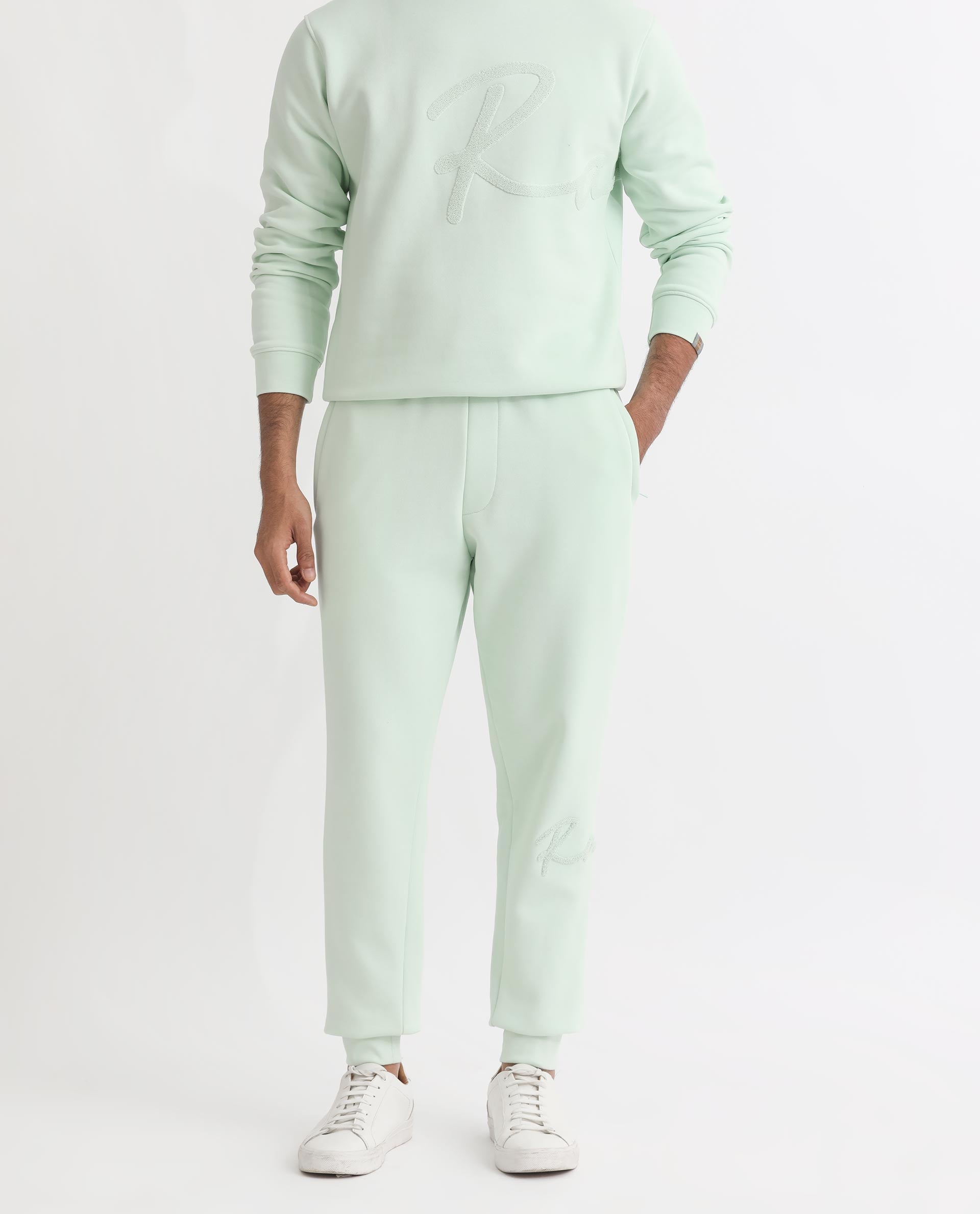 Rare Rabbit Mens Glame Light Green Cotton Polyester Fabric Drawstring Closure Regular Fit Mid Rise Trackpant