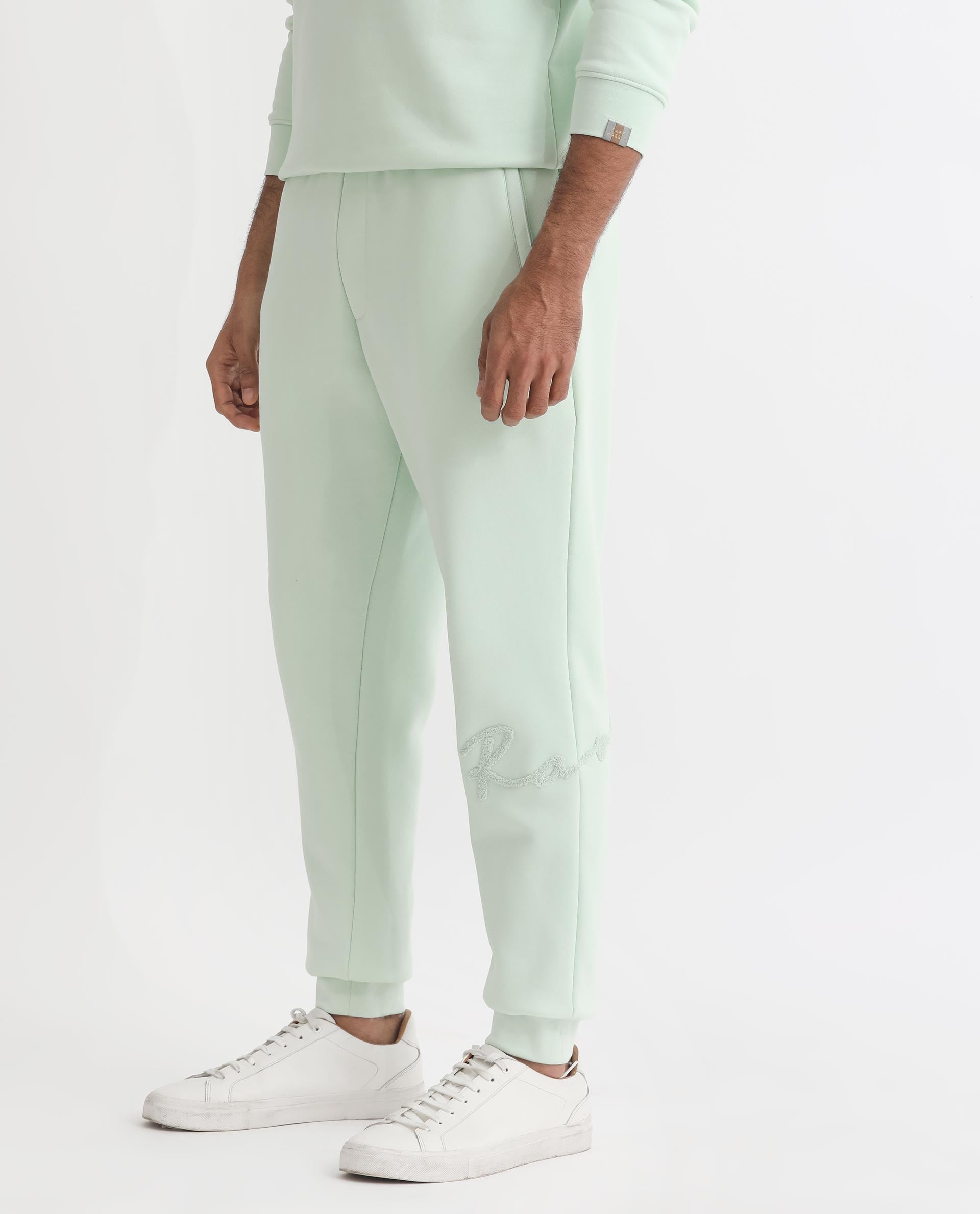 Rare Rabbit Mens Glame Light Green Cotton Polyester Fabric Drawstring Closure Regular Fit Mid Rise Trackpant