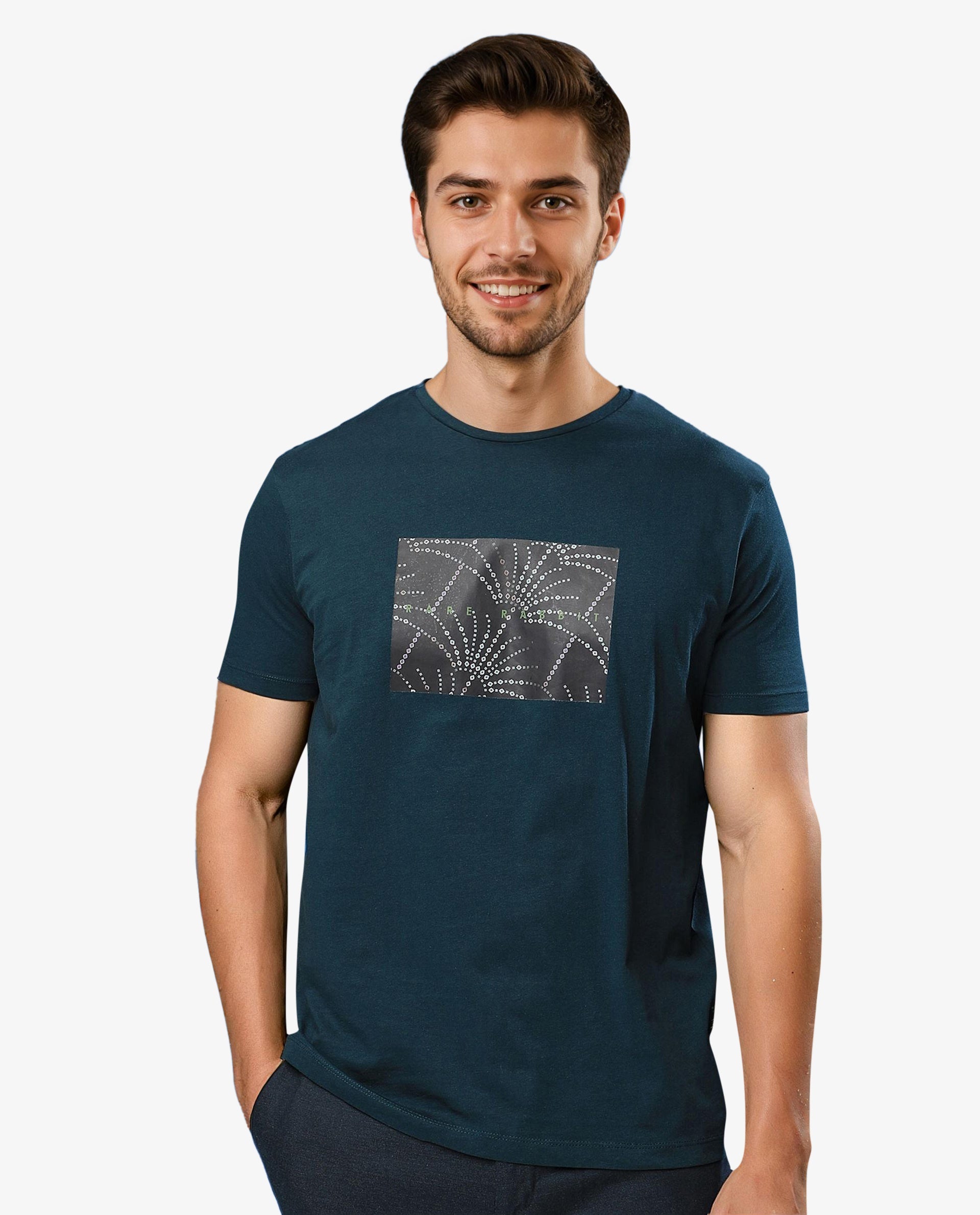 Rare Rabbit Men's Glams Green Crew Neck Abstract Graphic Logo Printed T-Shirt