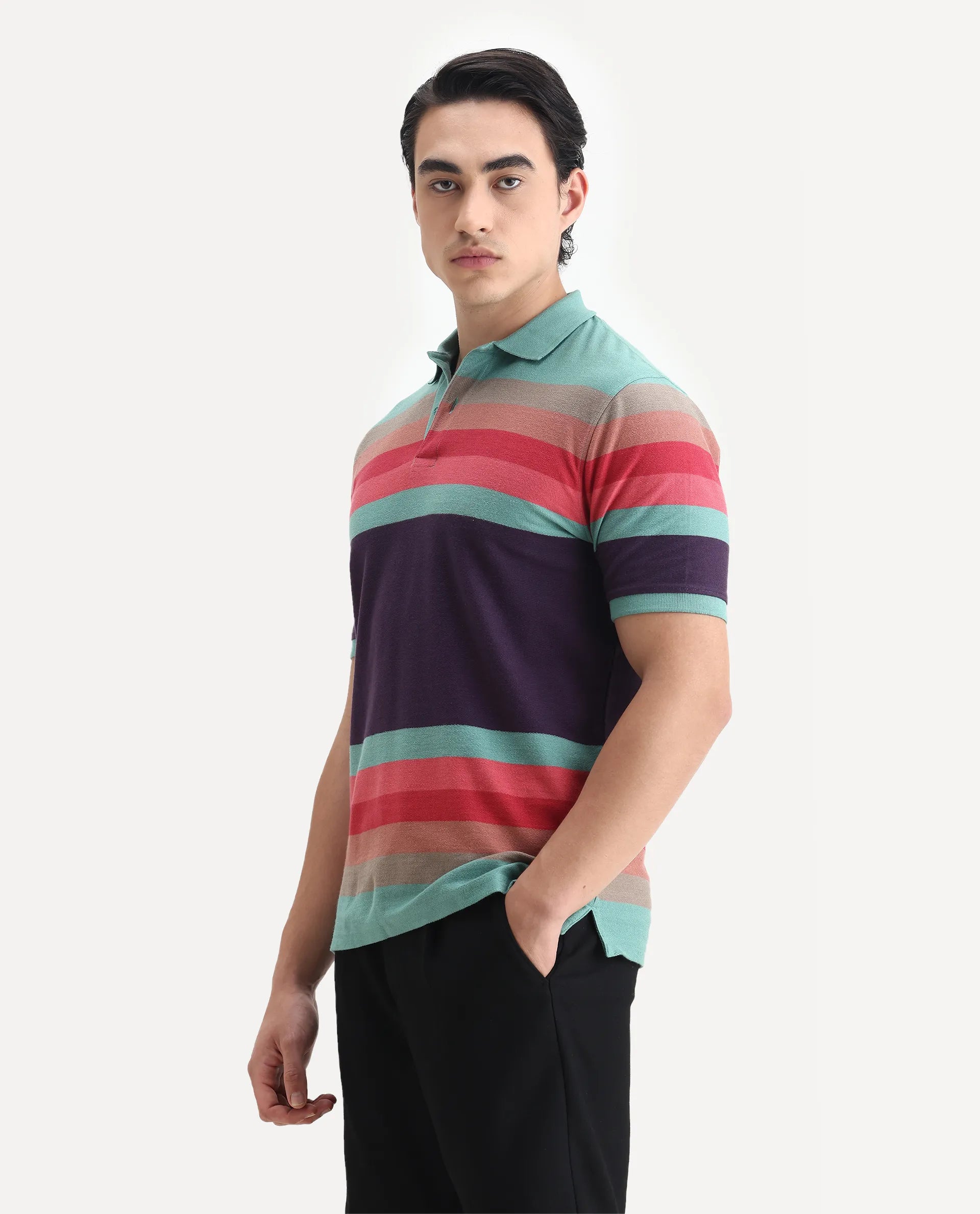 Rare Rabbit Men's Glasglow Green Cotton Striped Print Regular Fit Half Sleeve Polo